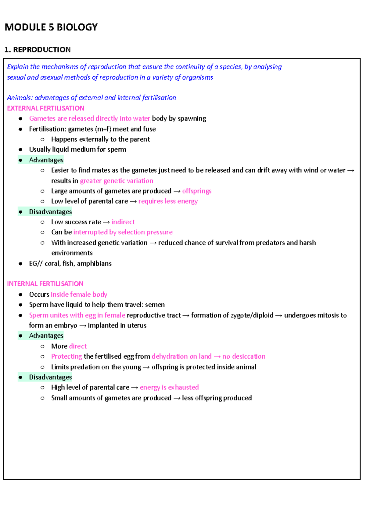 Module 5 Biology - MODULE 5 BIOLOGY 1. REPRODUCTION Explain the ...