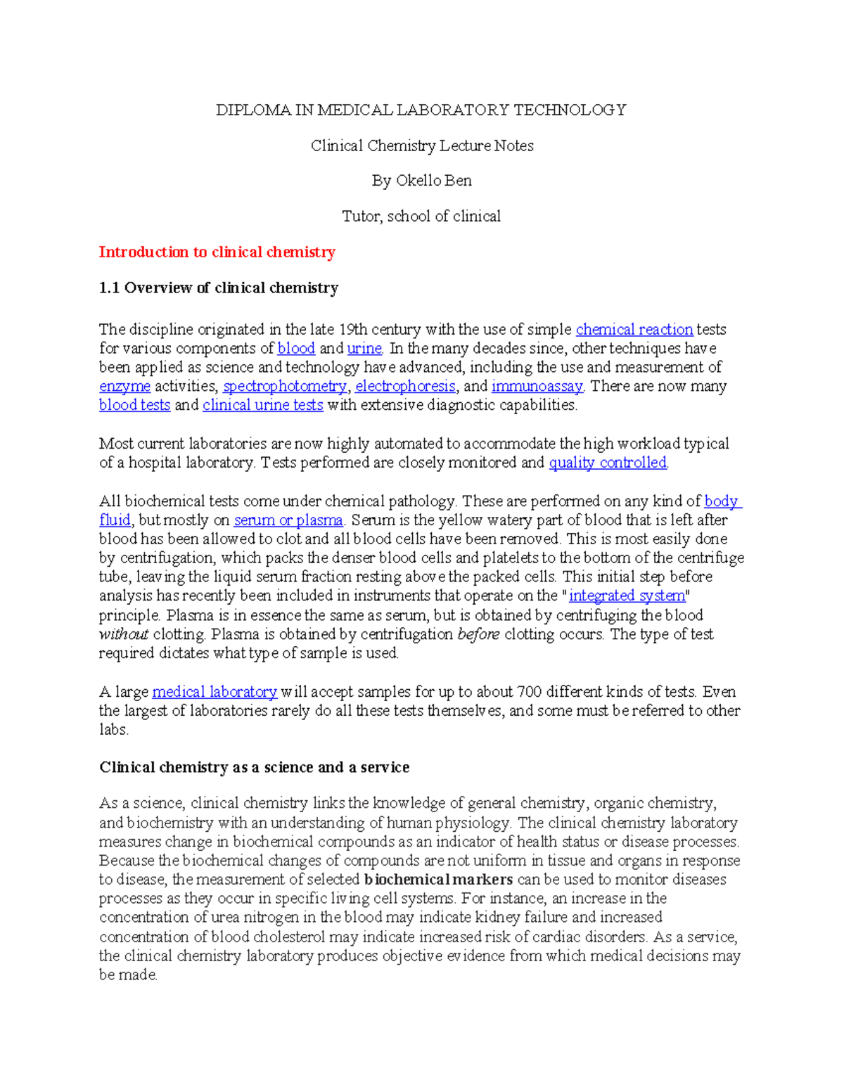 Clinical Chemistry Lecture Notes - Diploma in Med Lab Tech - Studocu