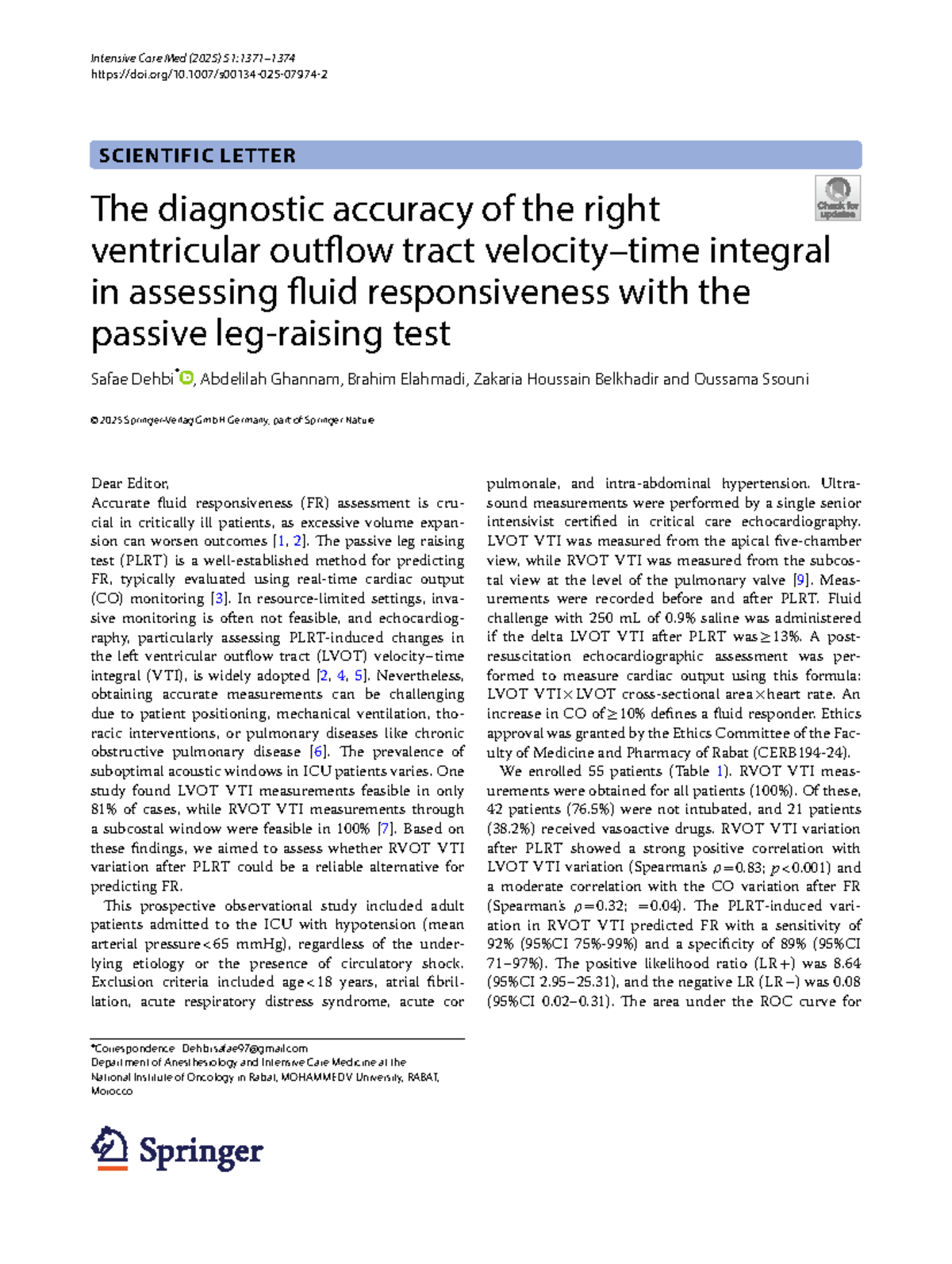 Diagnostic Accuracy of RVOT VTI for Fluid Responsiveness in ICU ...