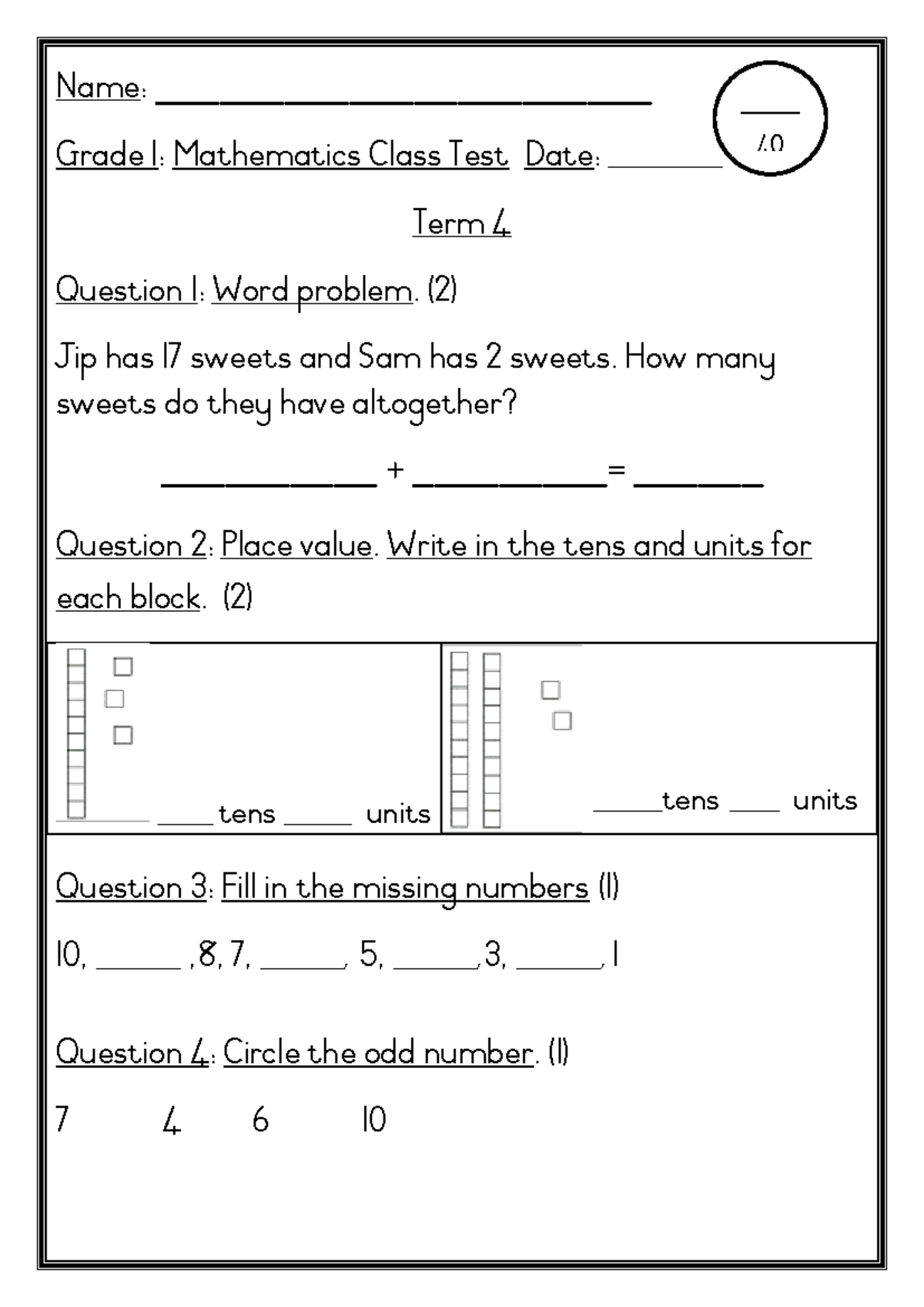 Grade 1 Math Class Test 2024 Term 4 (Course Code: 012122) - Studocu