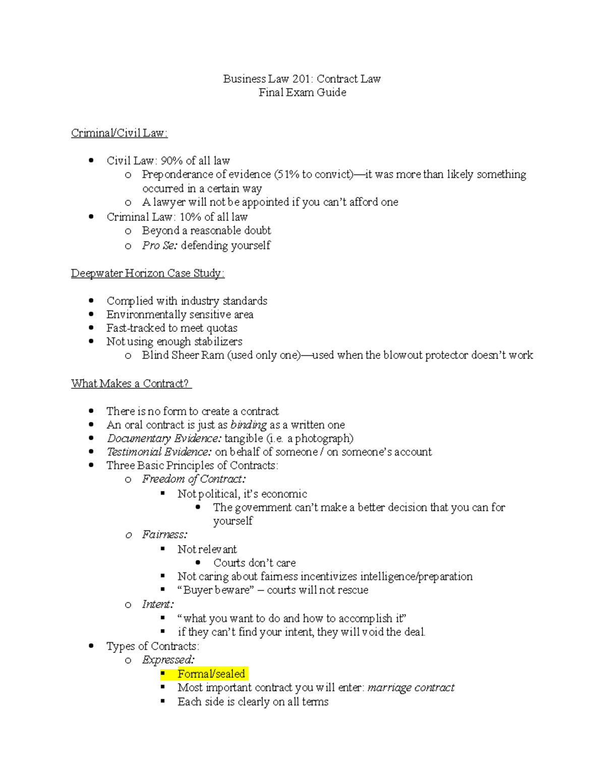BLAW201 Final Exam Study Guide: Key Concepts and Contract Law - Studocu