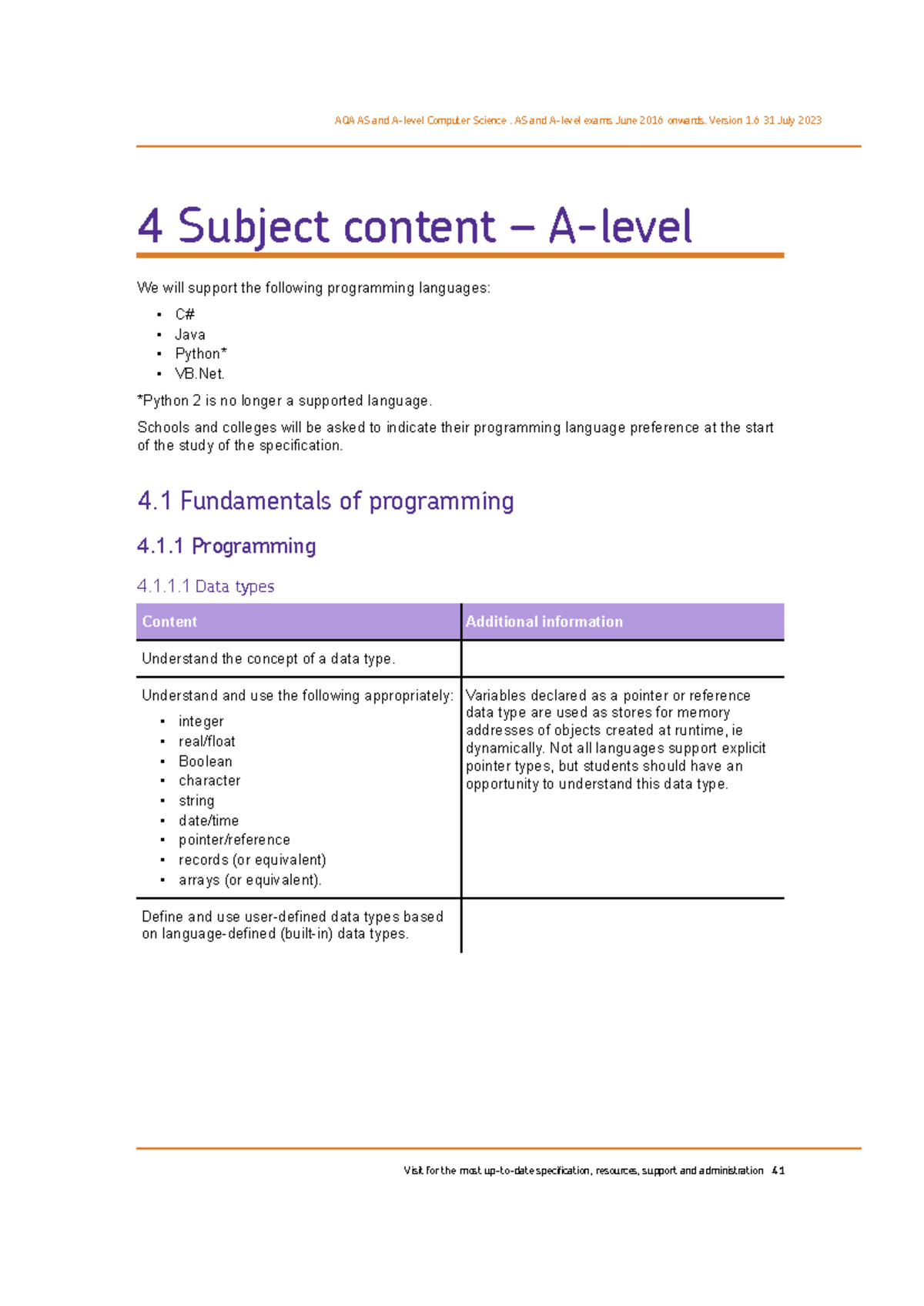 Computer Science Specification - 4 Subject content – A-level We will ...