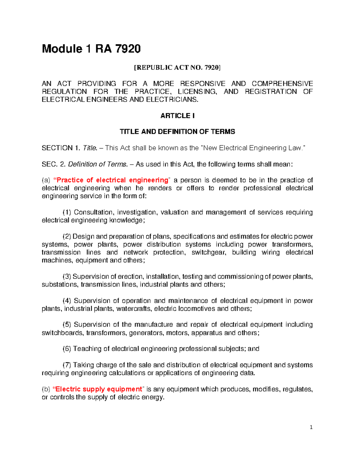 Module 1 RA 7920 - Comprehensive Overview of Electrical Engineering Law ...