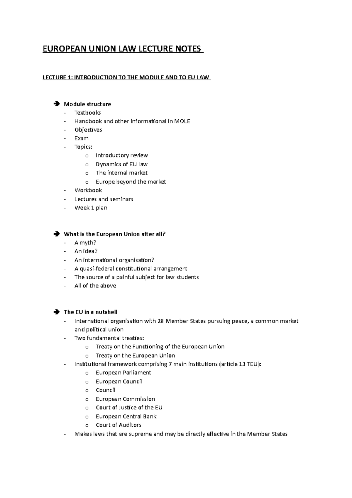 Lecture notes - All lectures - EUROPEAN UNION LAW LECTURE NOTES LECTURE ...