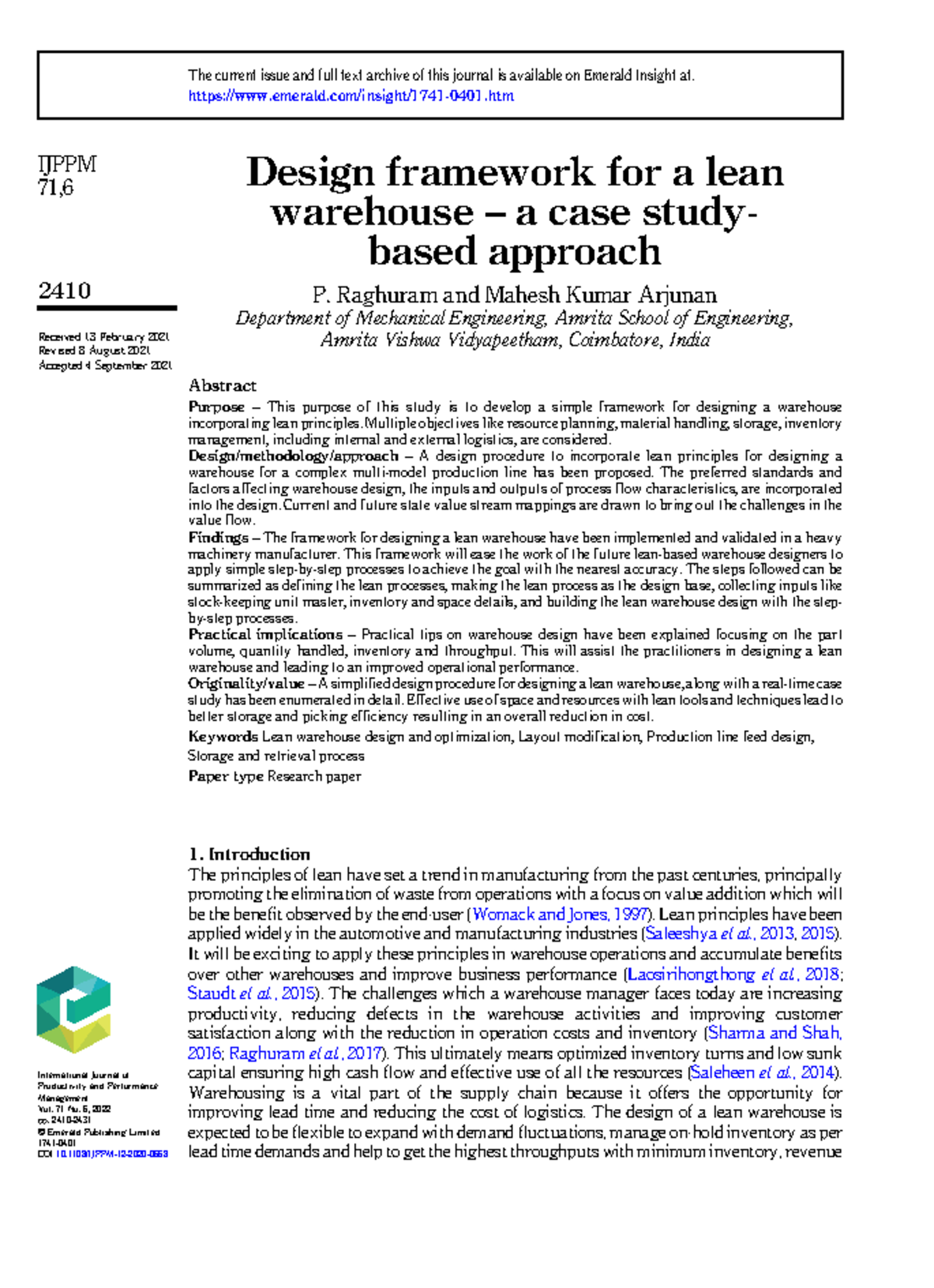 Design Framework for a Lean Warehouse: IJPPM Case Study 10-1108 - Studocu