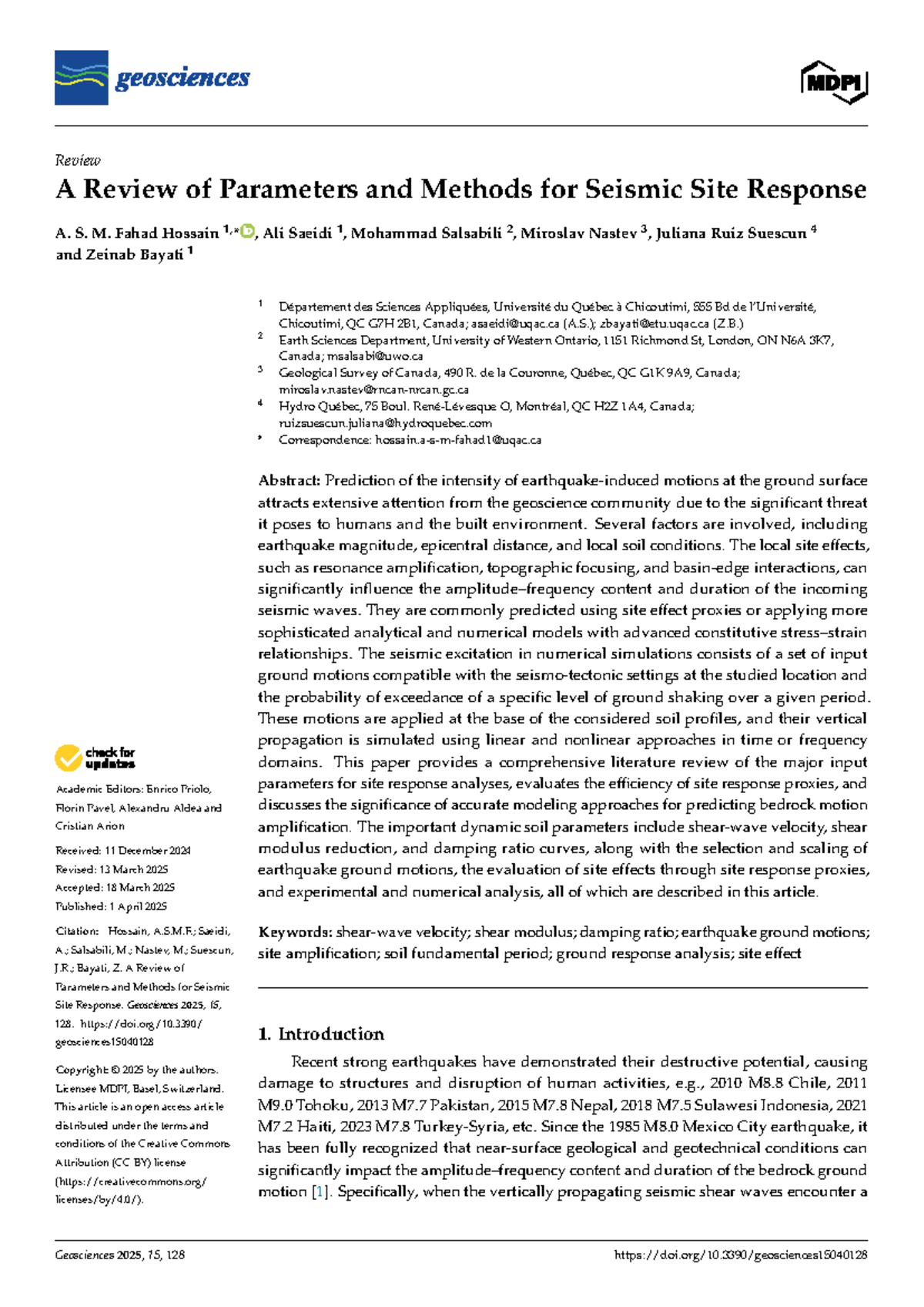 A Review of Seismic Site Response Parameters and Methods (GEOS-2025 ...