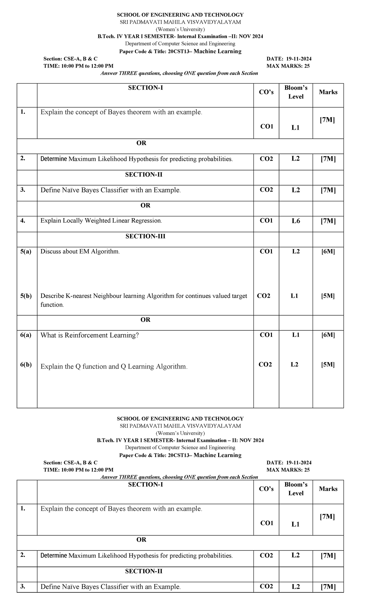 B.Tech CSE IV Year Internal II Exam NOV 2024: Machine Learning - Studocu
