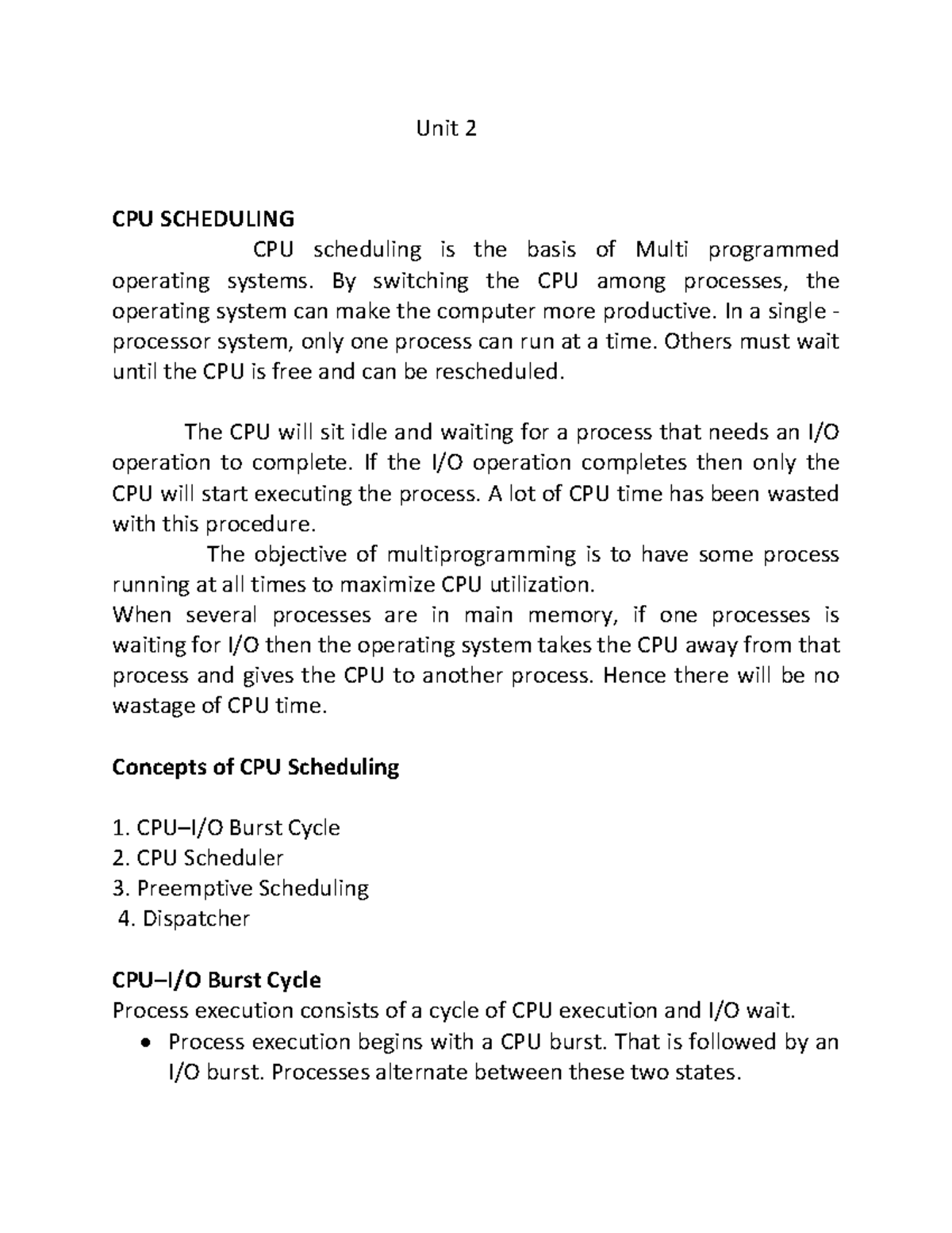 Unit 2 OS - CPU Scheduling and Algorithms Notes - Studocu
