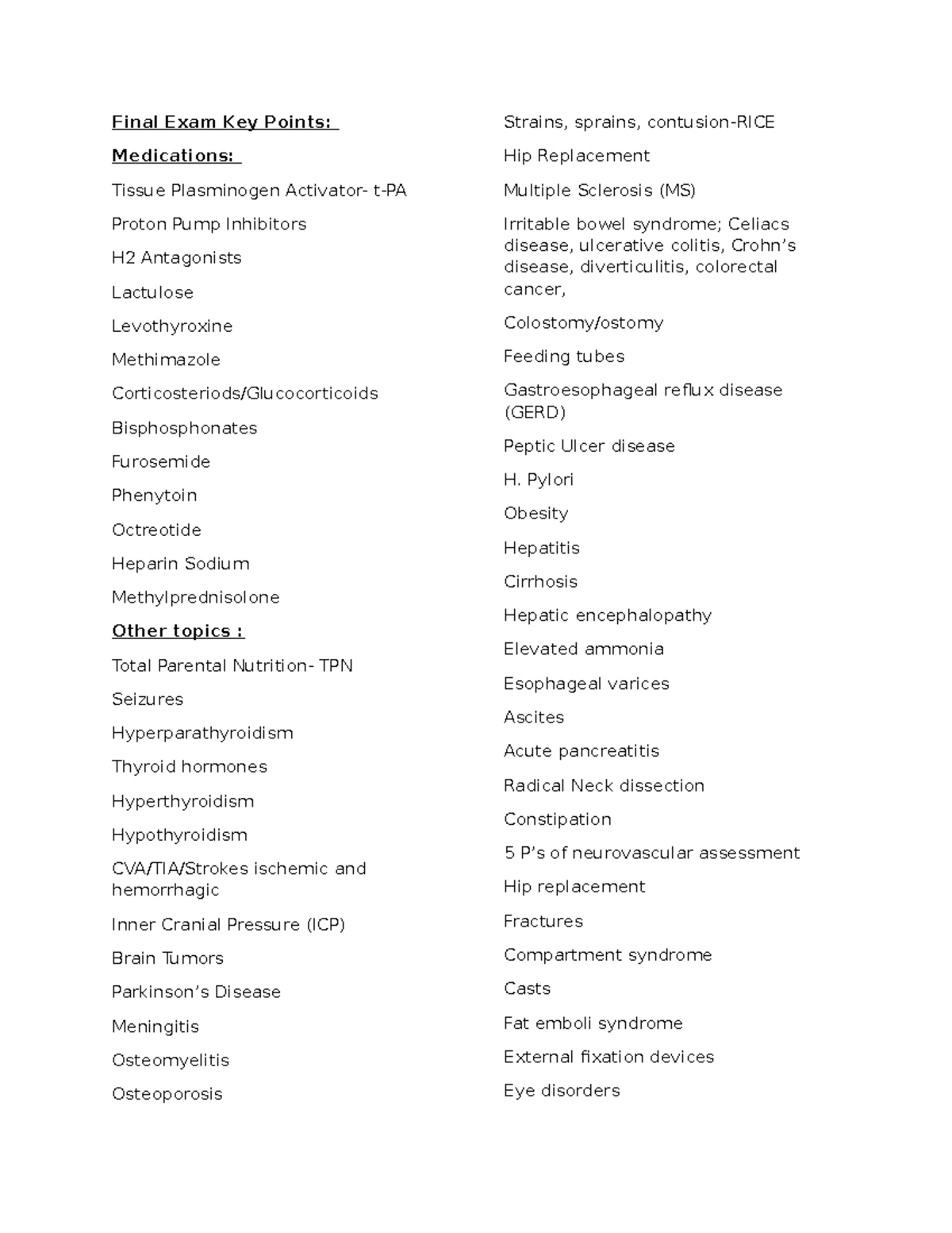 AH2 Final Exam Key Concepts: Medications and Key Topics - Studocu