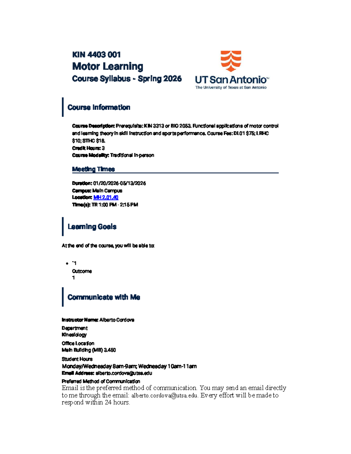 KIN 4403 001 Motor Learning Course Syllabus - Spring 2026 - Studocu