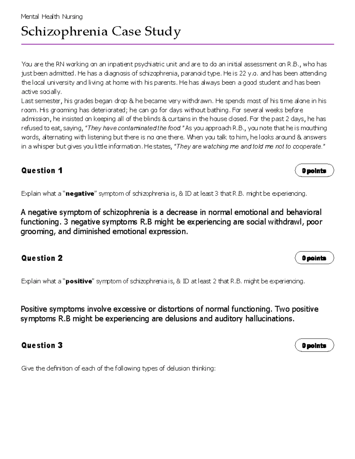 Mental Health Nursing: Schizophrenia Case Study (Assignment) - Studocu