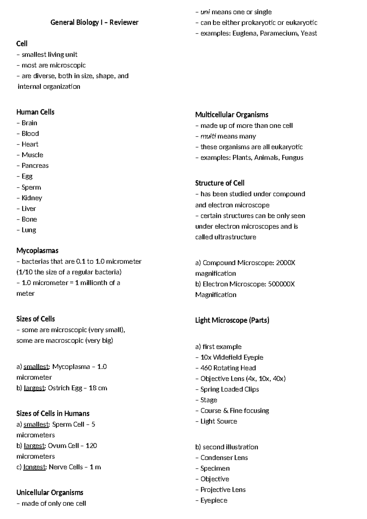 General biology reviewer - General Biology I – Reviewer Cell smallest ...