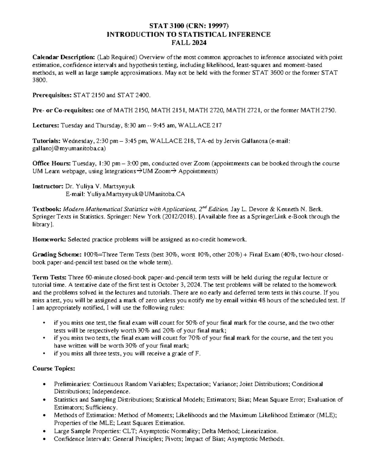 STAT 3100 Fall 2024: Intro to Statistical Inference Course Outline ...
