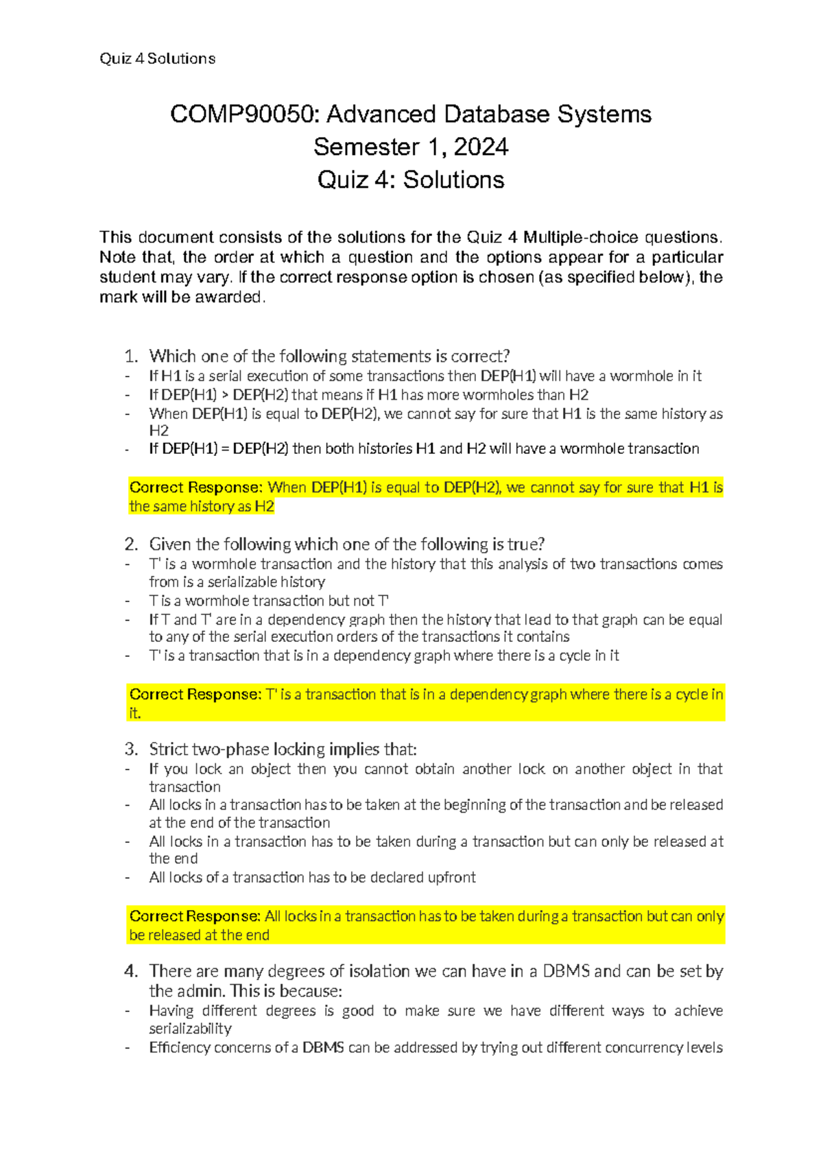 COMP90050 Quiz 4 Solutions - Advanced Database Systems S1 2024 - Studocu