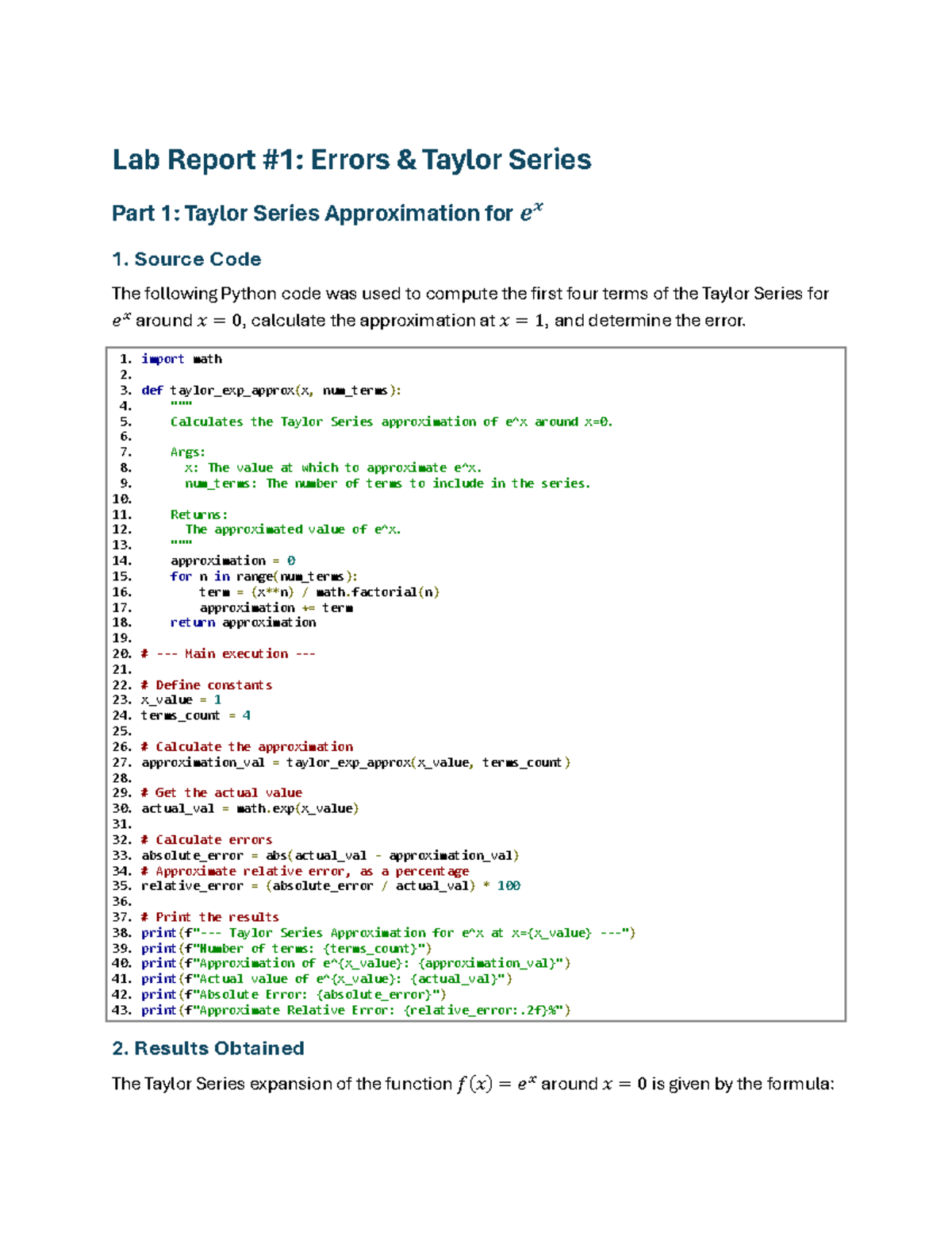 Lab Report: Taylor Series Approximation for 𝑒𝑥 and 𝑠𝑖𝑛(𝑥) - VƯDW - Studocu
