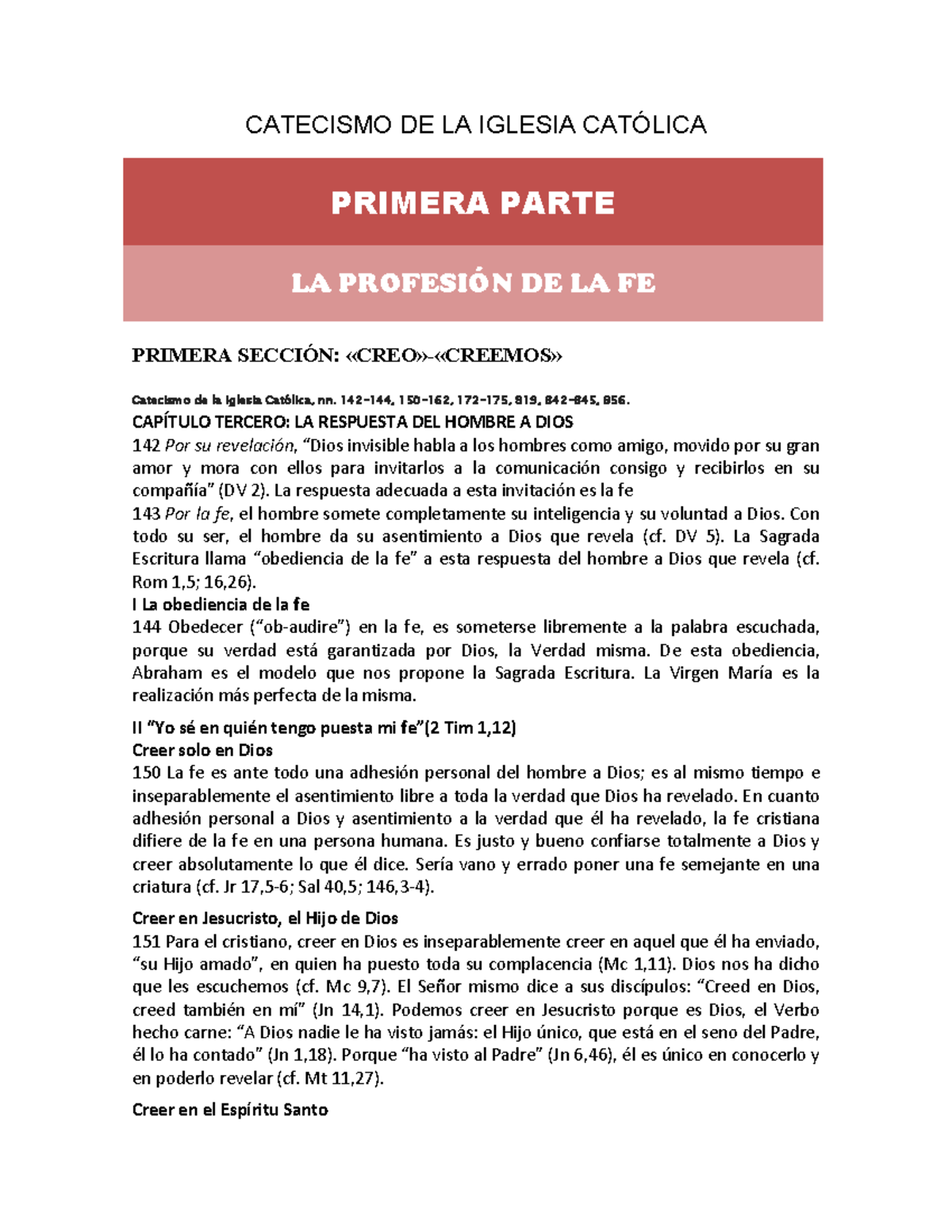 Catecismo de la Iglesia Católica: Fe y Revelación - Parte 1 - Studocu