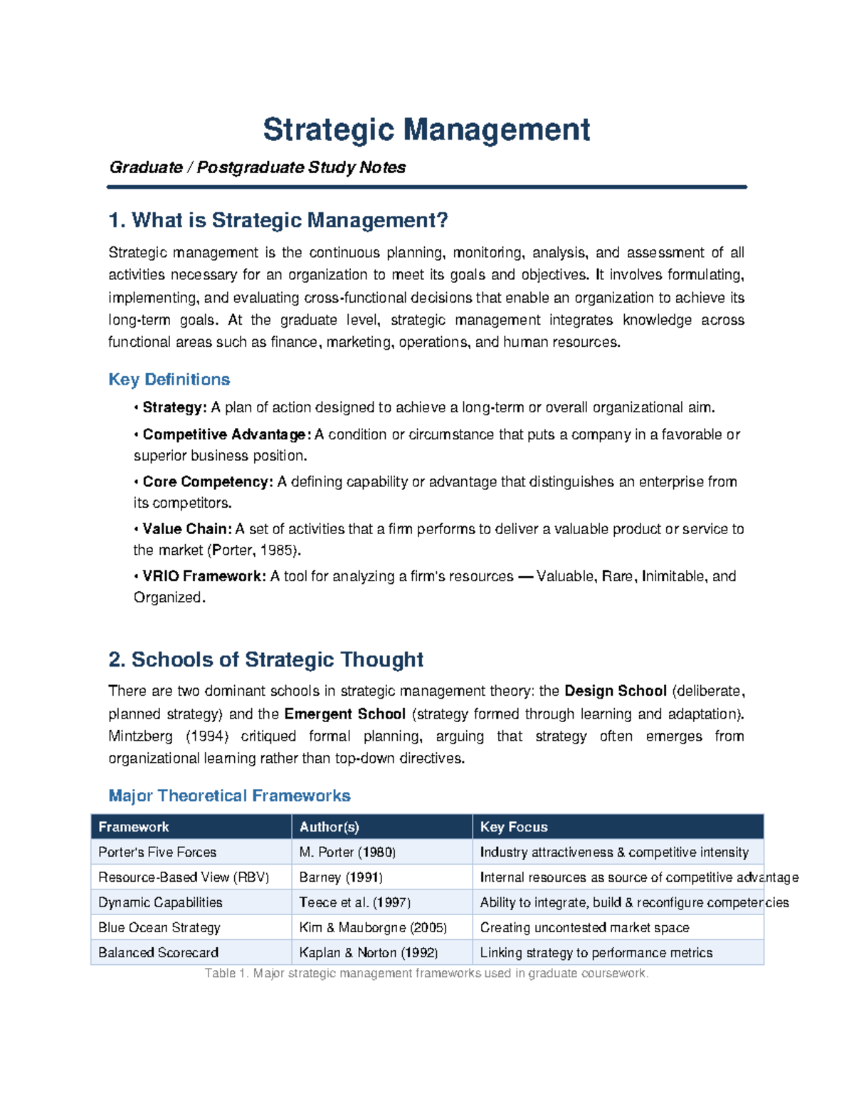 Strategic Management Grad Study Notes: Key Concepts & Frameworks - Studocu