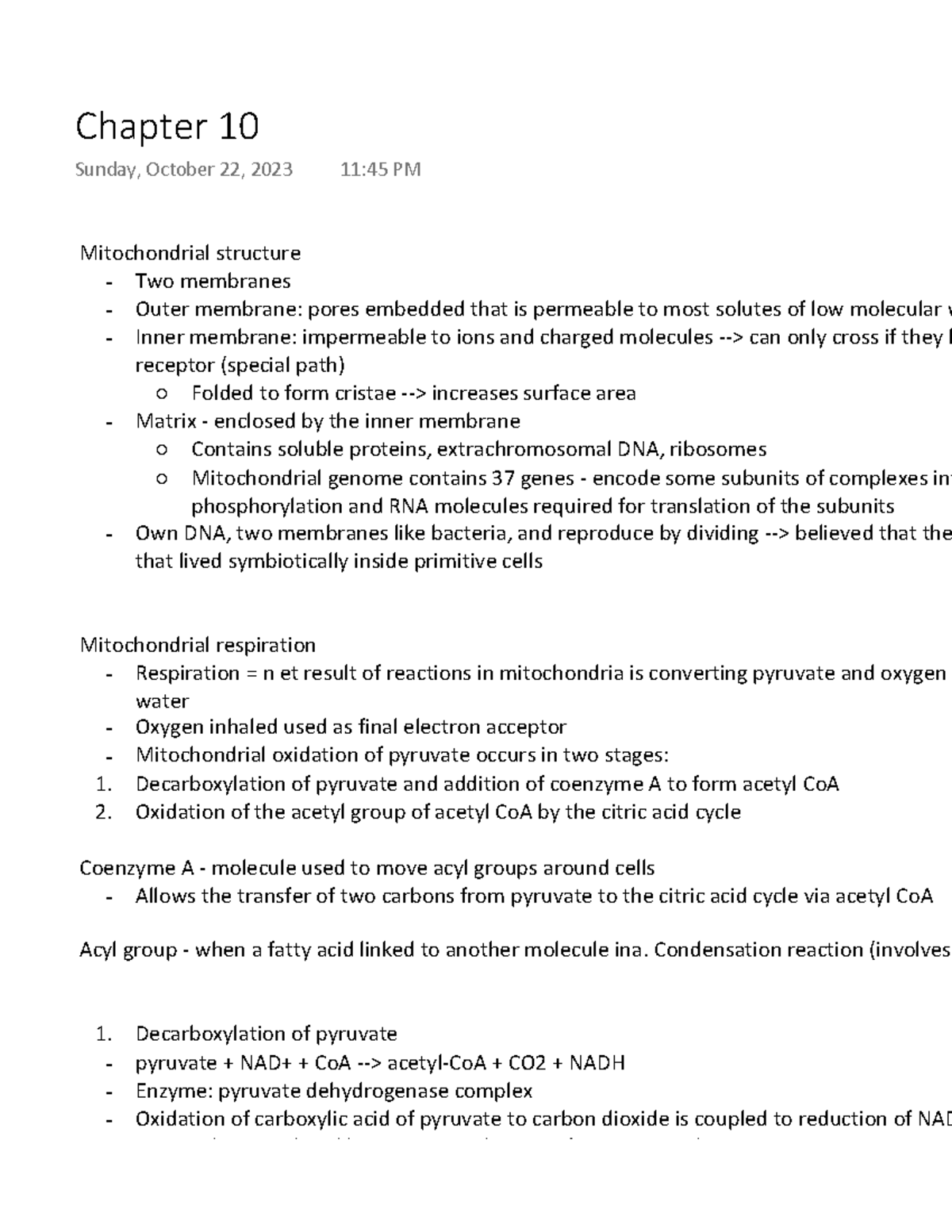 Chapter 10: Mitochondrial Structure and Function - Biochem 2280 - Studocu