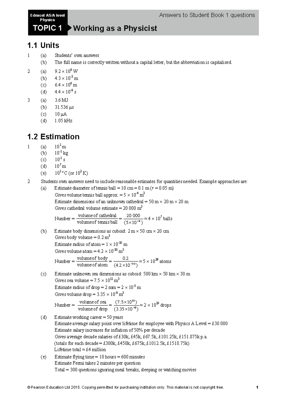Edexcel AS A Level Physics: Combined Answers to Student Book 1 - Studocu