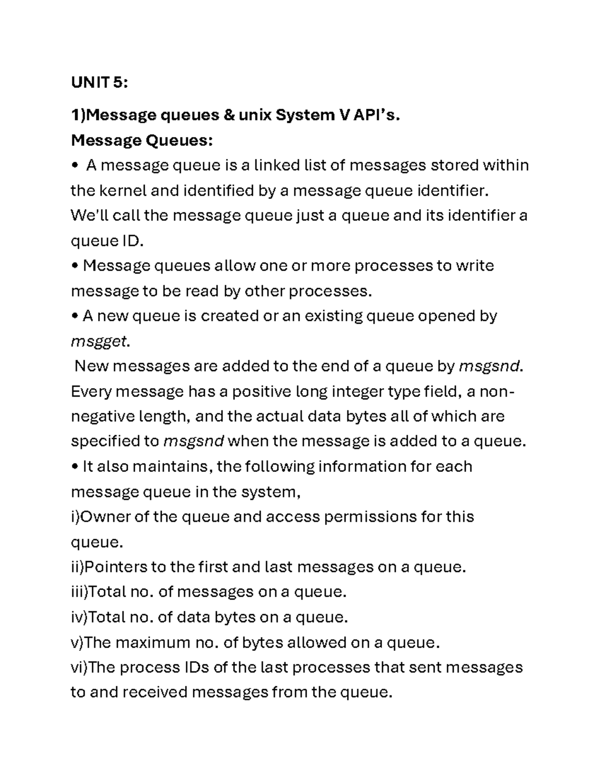 UNIT 5 - hi this is unit 5 - UNIT 5: 1)Message queues & unix System V ...