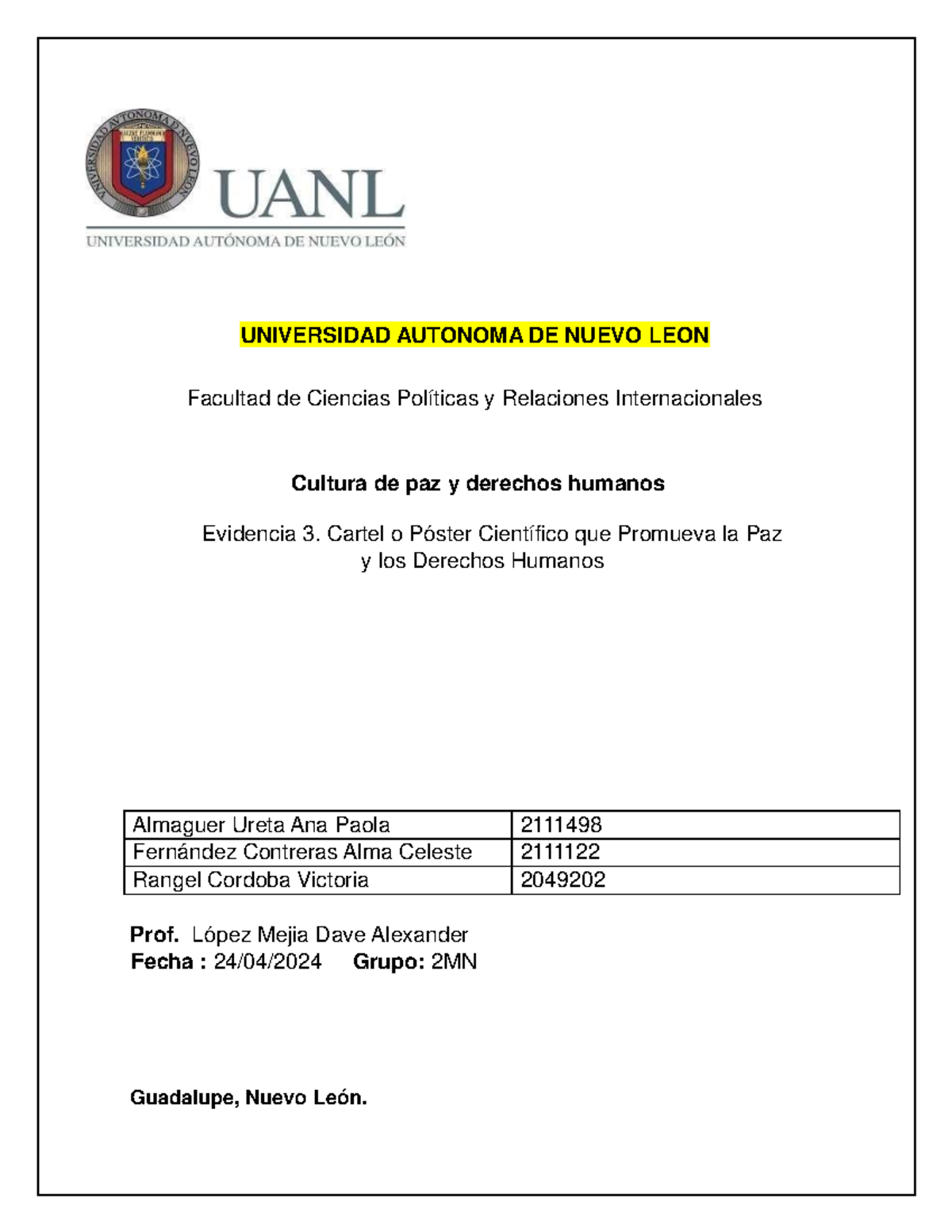 Evidencia 3 Cultura de Paz - cultura de paz y derechos humanos
