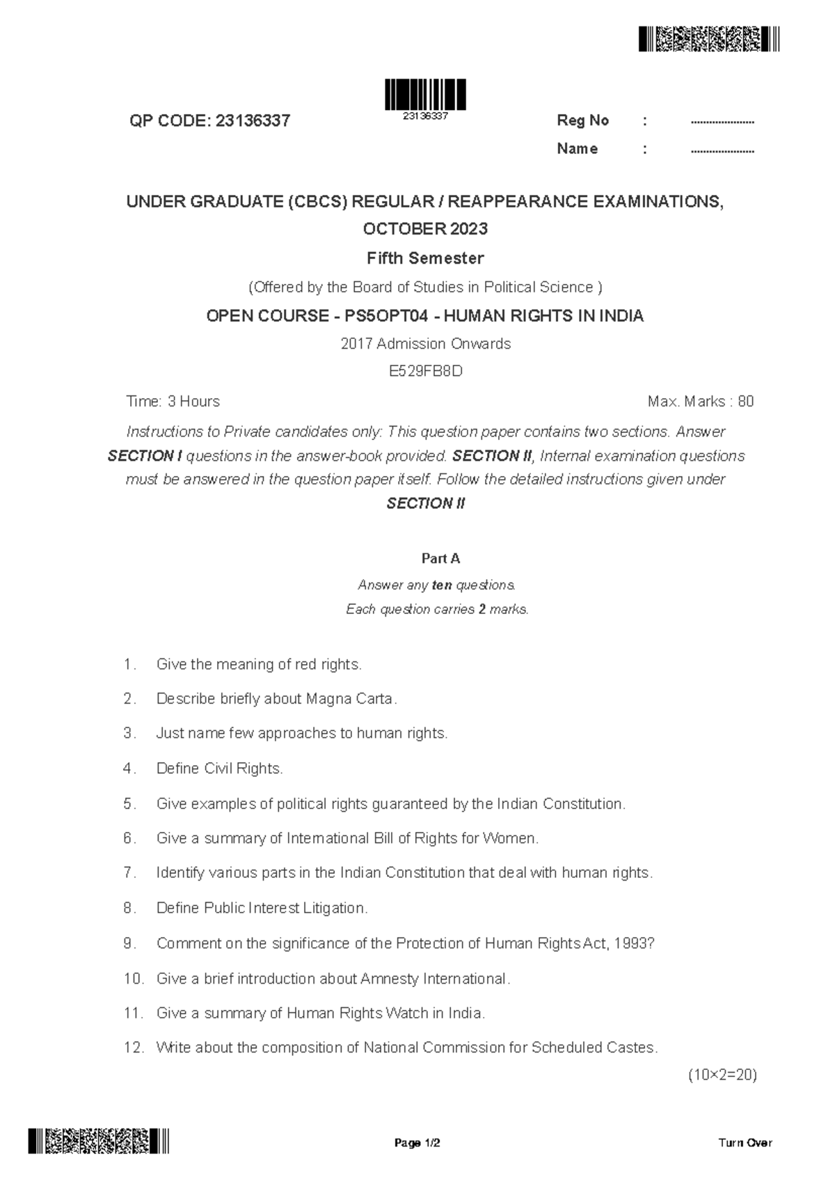 QUESTION PAPER: HUMAN RIGHTS IN INDIA (PS5OPT04) - OCT 2023 - Studocu
