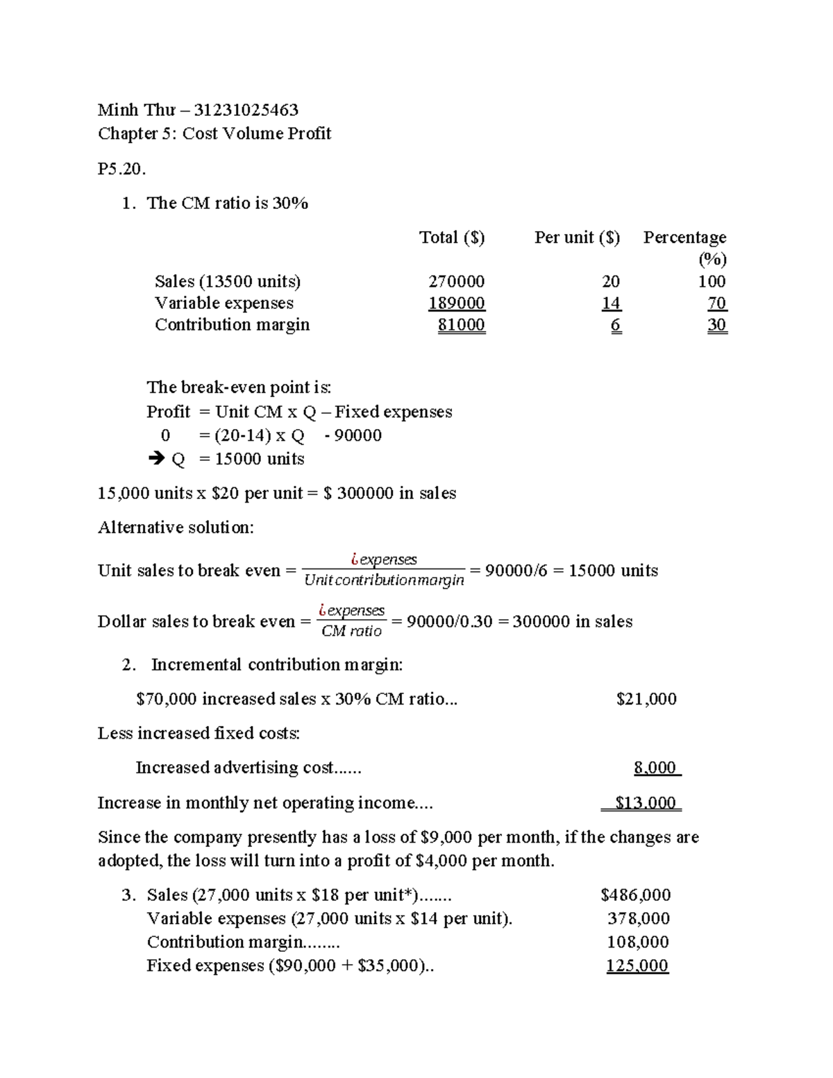 Chapter 5: Cost Volume Profit Analysis (CVA) 31231025463 - Studocu