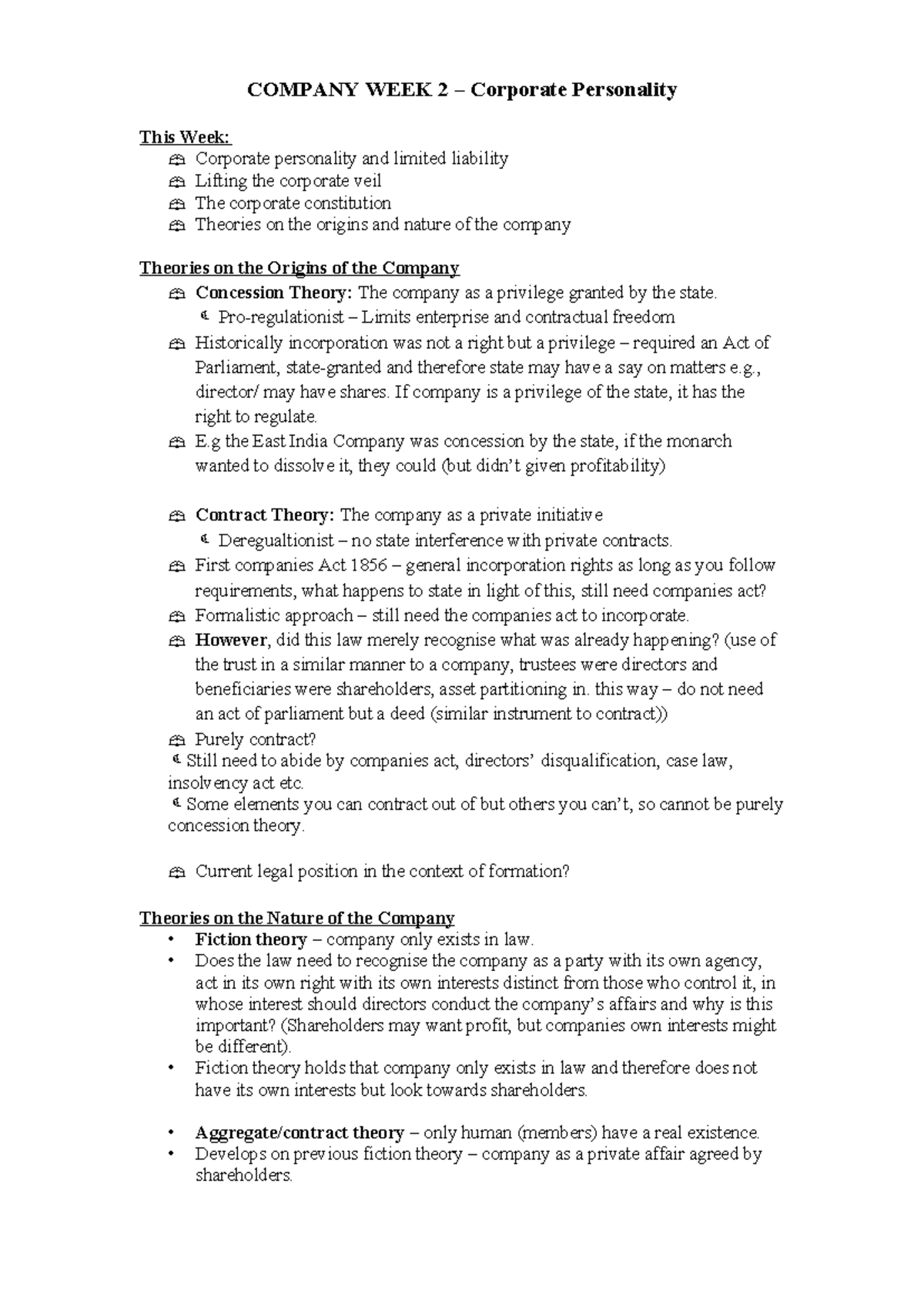 CL Week 2 - Corporate Personality & Theories of Company Nature - Studocu