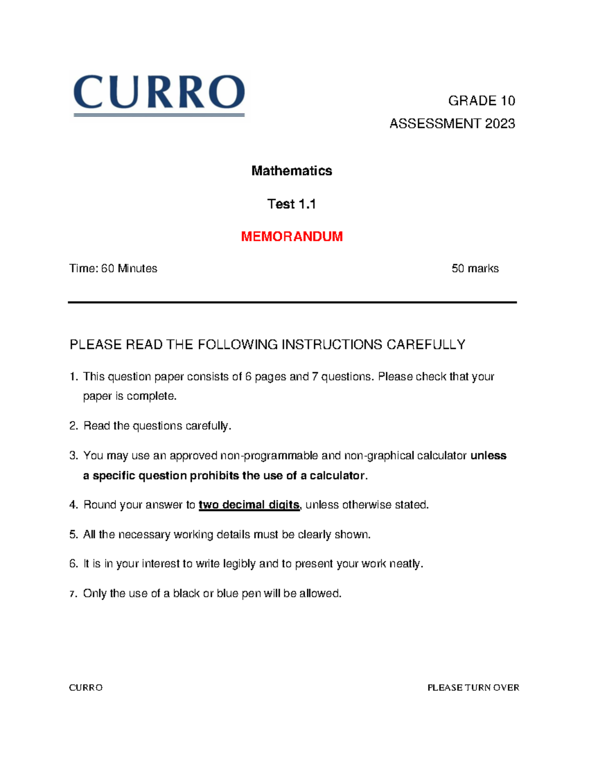 10 Digital Maths Paper based Test 1.1 KI Memo - GRADE 10 ASSESSMENT ...
