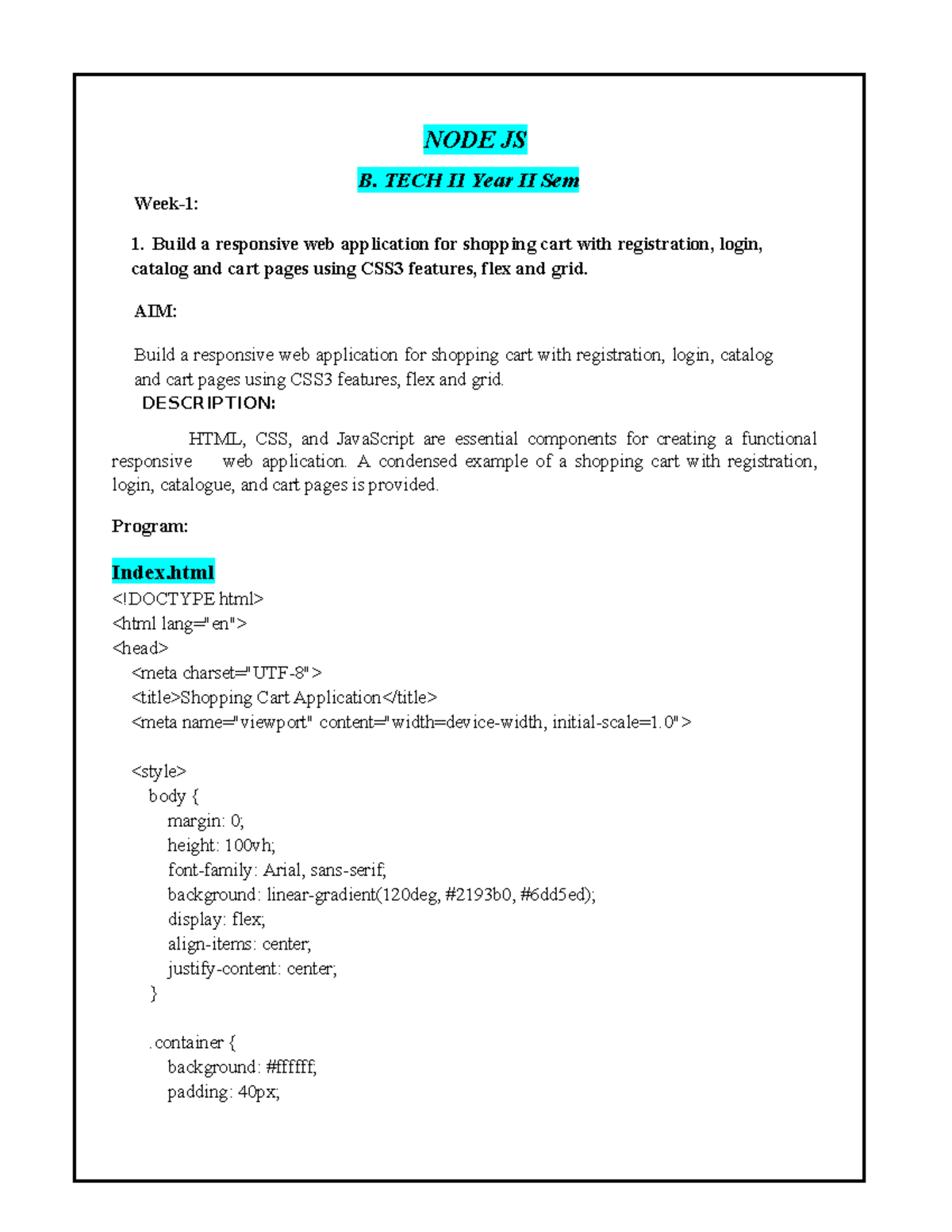 NODE JS B. TECH II Year II Sem 1 - Responsive Shopping Cart App - Studocu