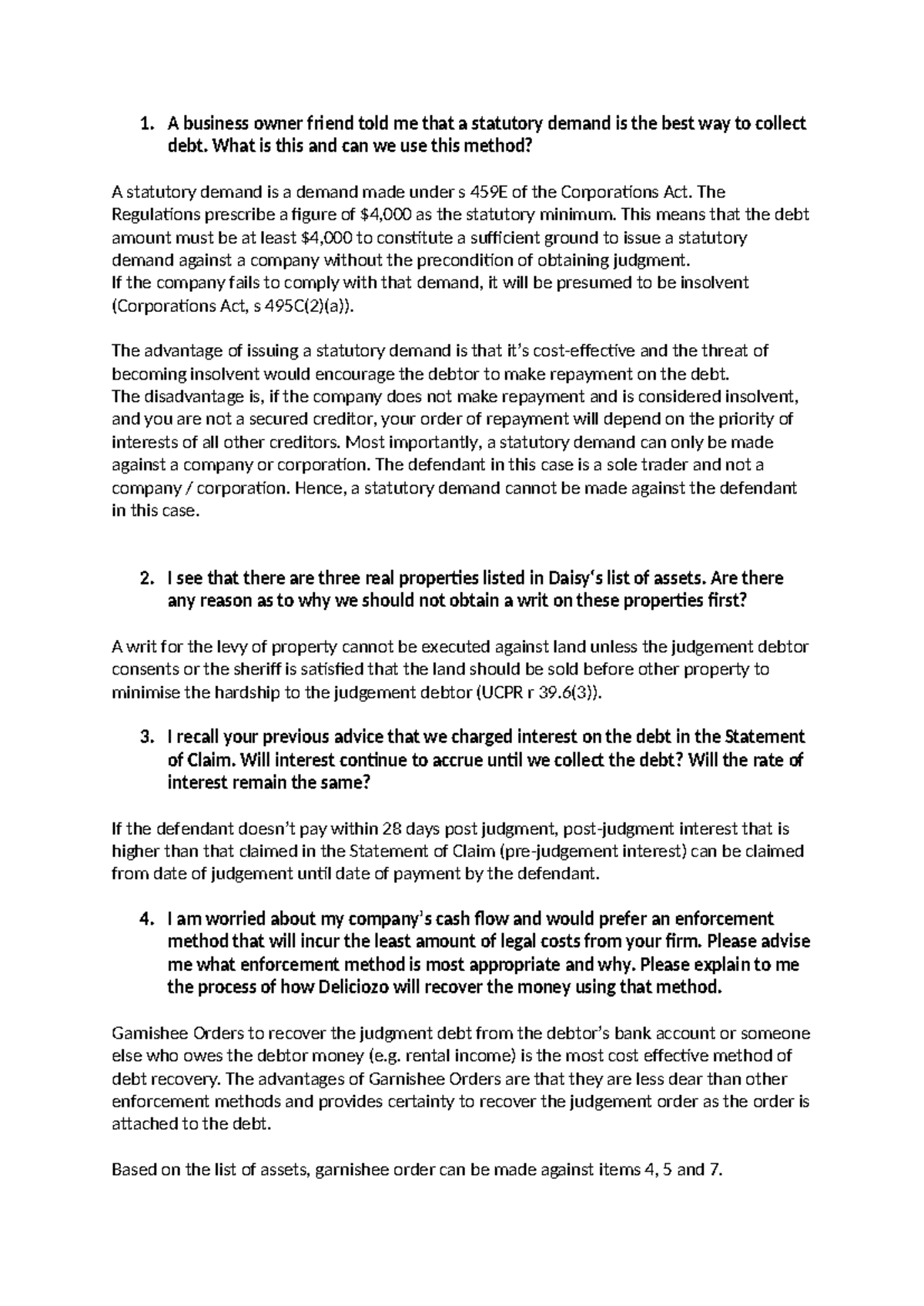 Task 3.1 (Memo) - Statutory Demand & Debt Recovery Methods - Studocu