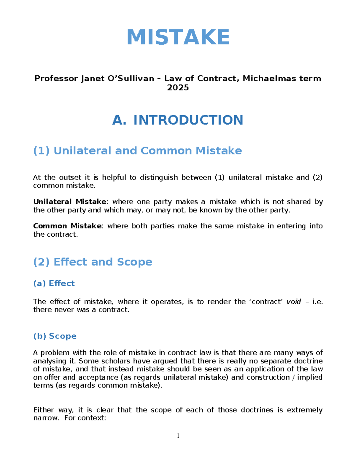 Contract Law Handout: Mistakes in Contracts (MISTAKE 2025) - Studocu