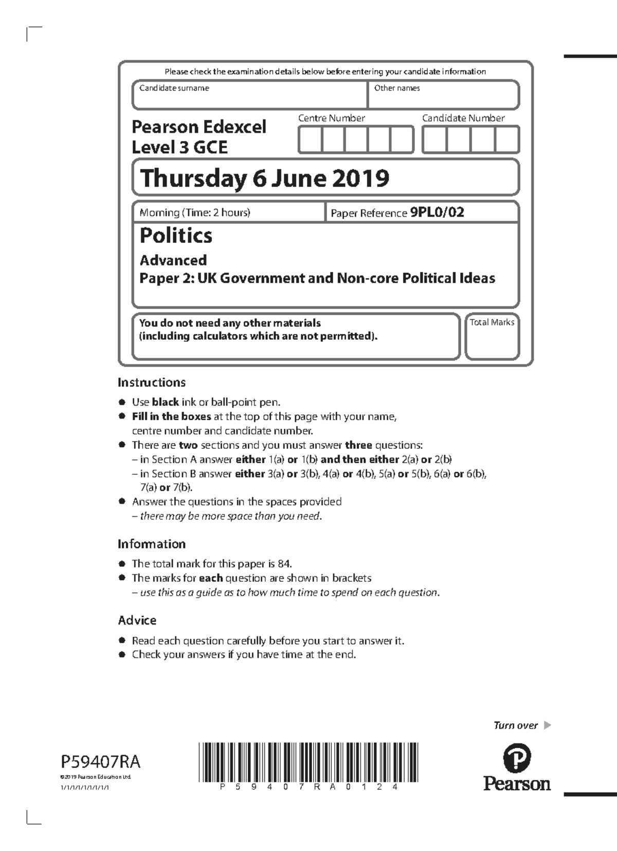 June 2019 Edexcel Level 3 GCE Politics Exam Paper 2: UK Government ...