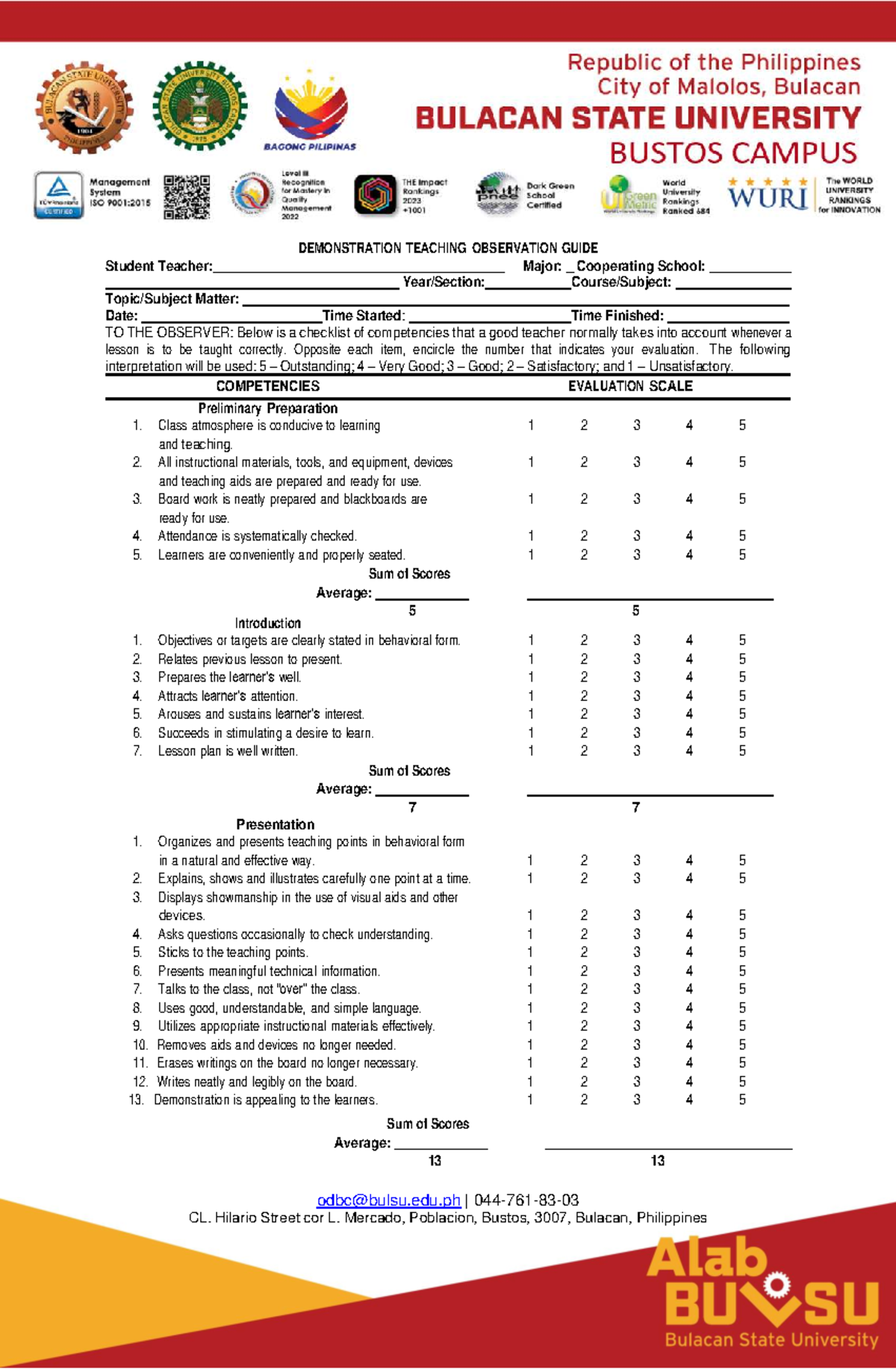 Observation Guide for Student Teacher: Teaching Competencies Evaluation ...