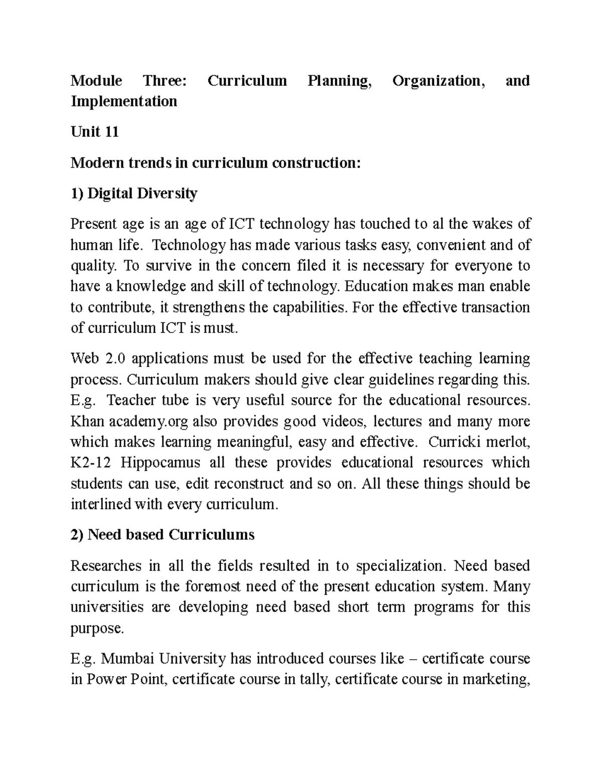 Module Three - Lecture notes - **Module Three: Curriculum Planning ...