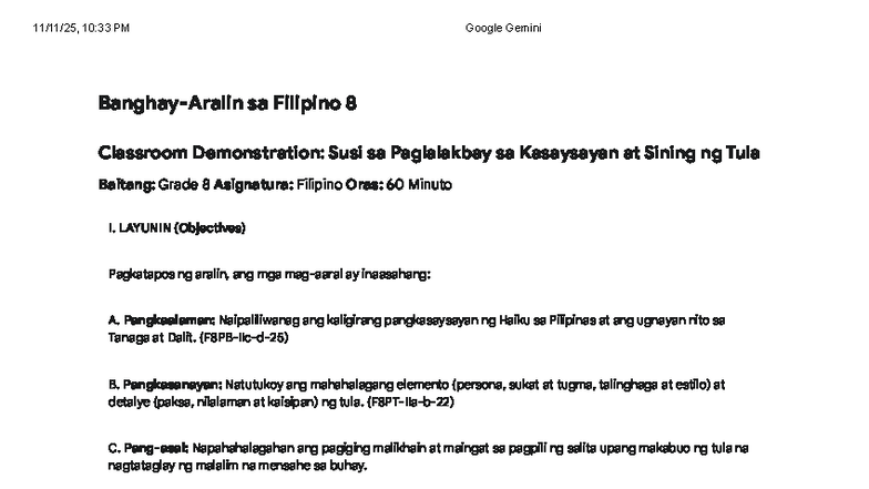 Filipino 8 Lesson Plan: Haiku at Tula sa Baitang 8 - Studocu