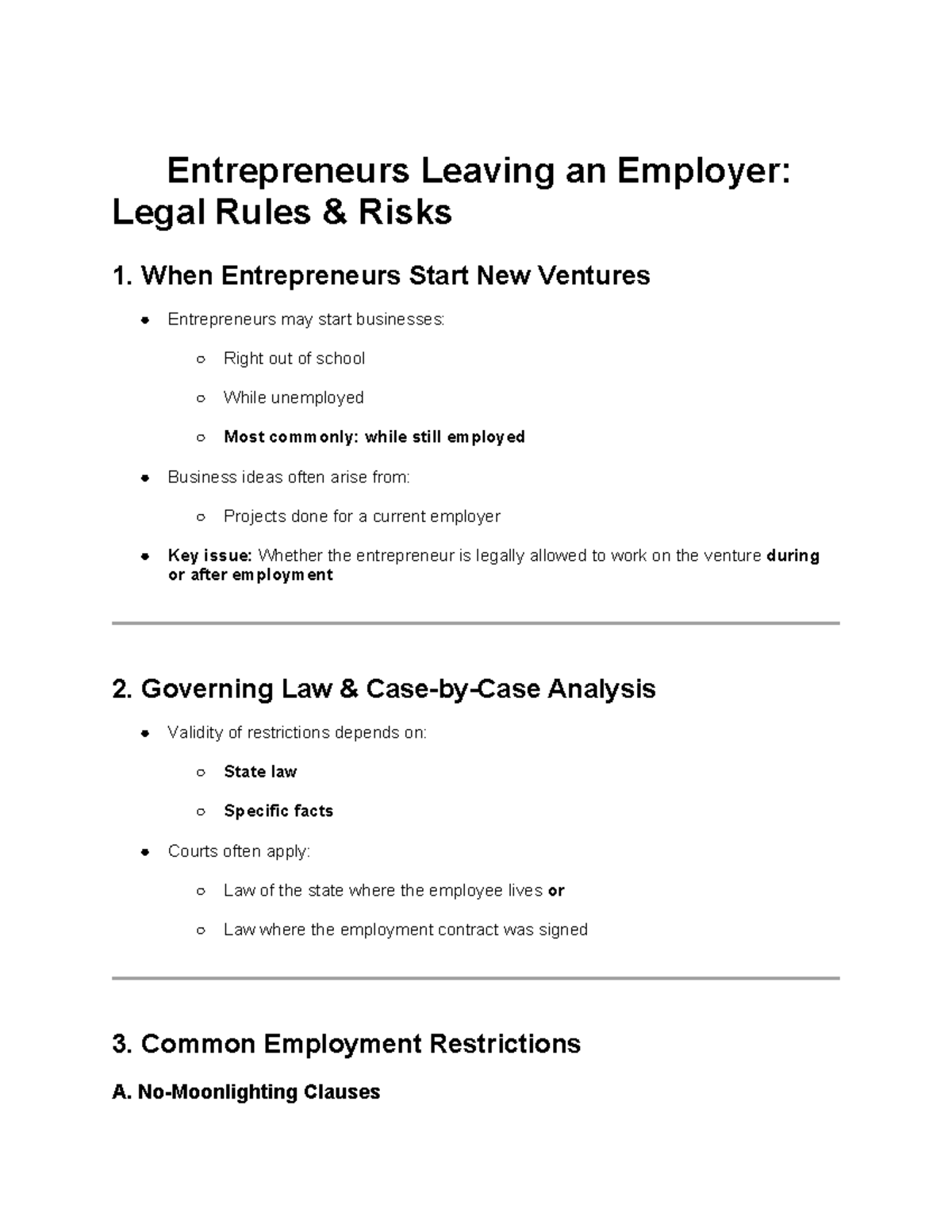 Entrepreneurs Leaving Employment: Legal Risks & Best Practices (Notes ...