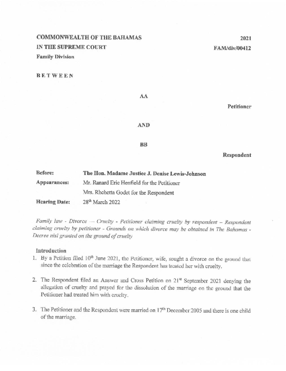 Judgment in AA vs. BB: Divorce on Grounds of Cruelty - Family Law Case ...
