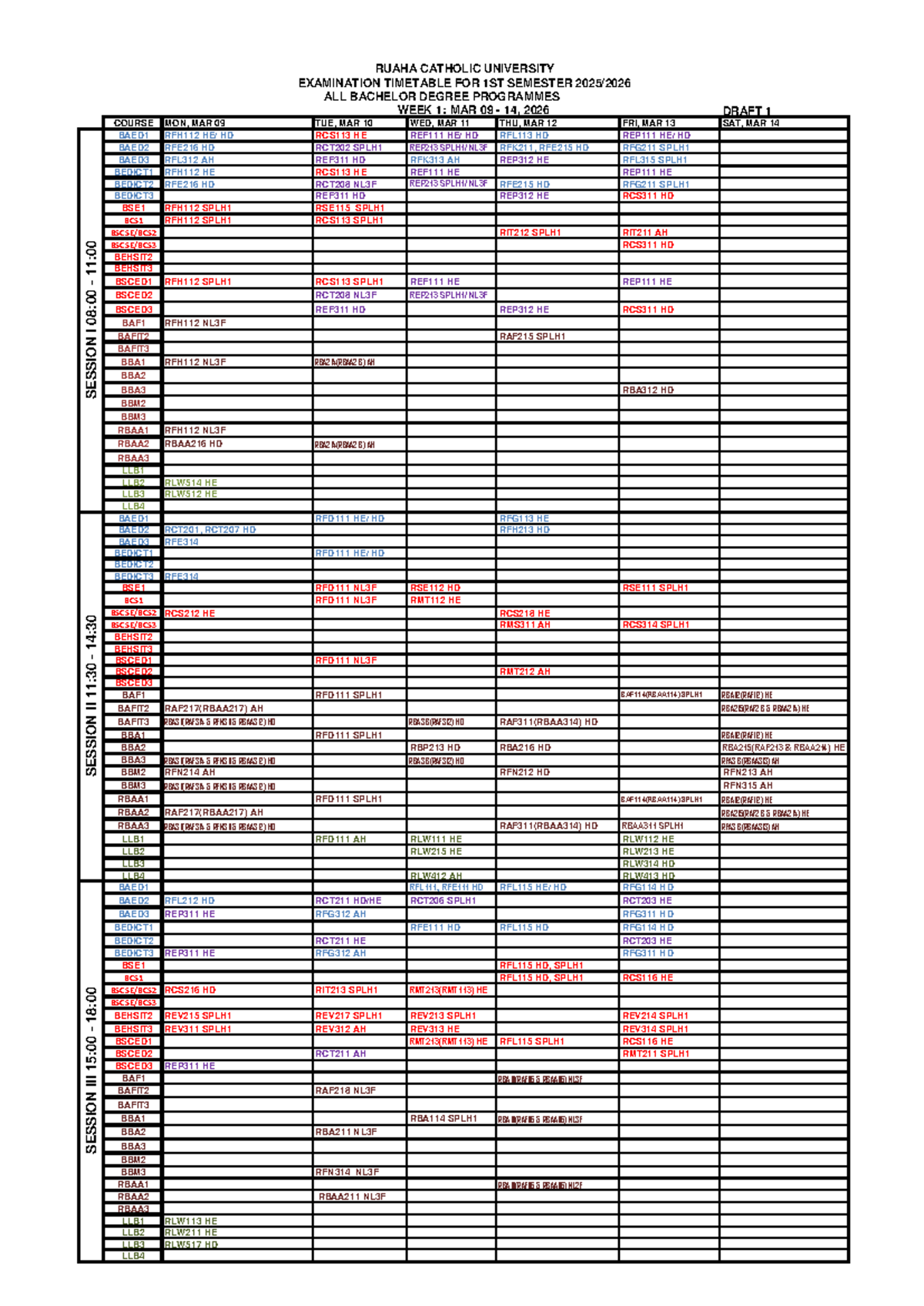 SEM1 EXAM Timetable 2025/26 for All Bachelor Programs Draft 1 - Studocu