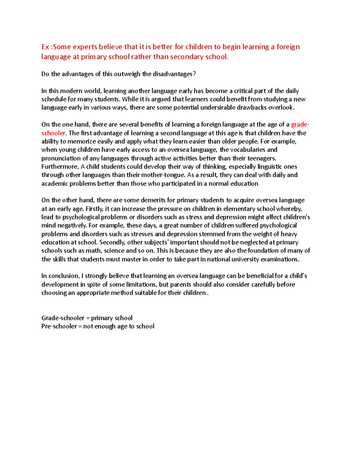 Writing task 2 OL- learning english at primary school - Ex :Some ...