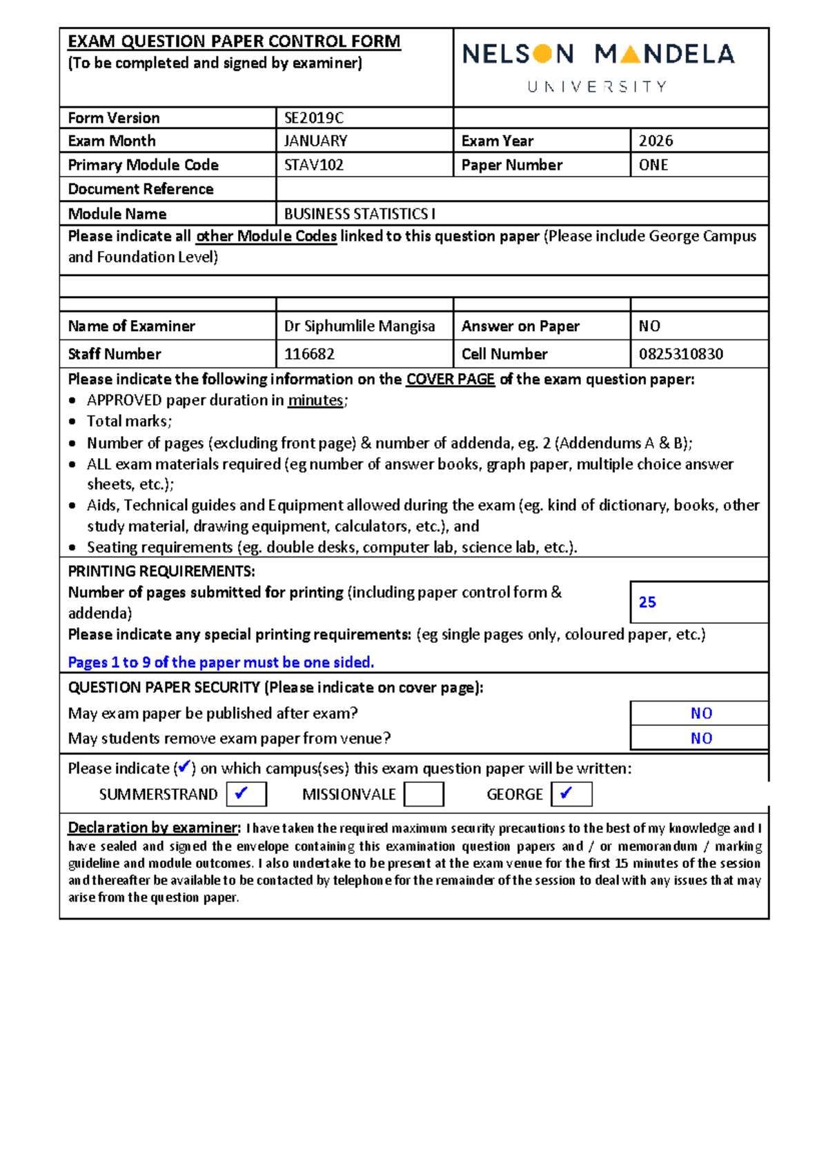 STAV102 January 2026 Final Exam Question Paper - Business Statistics I ...