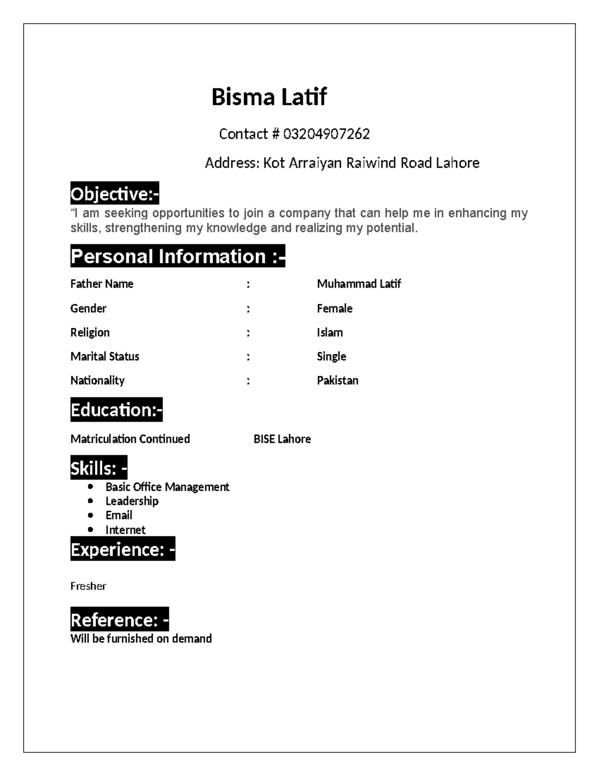 Bisma - Personal Information :- Father Name : Muhammad Latif Gender ...