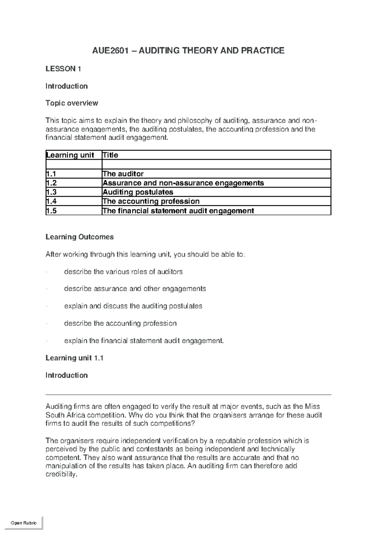 AUE2601 Lesson 1-5: Understanding Auditing Theory & Practice - Studocu