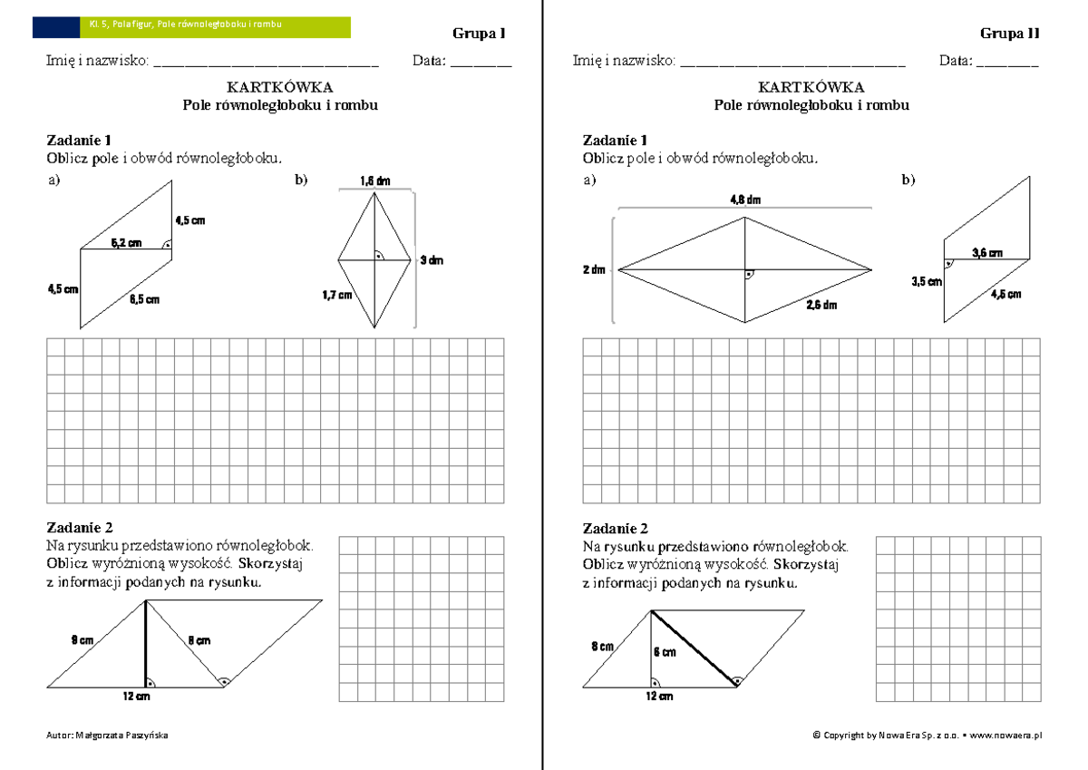 Kartkówka: Pole Równoległoboku i Rombu - Kl. 5 - Studocu