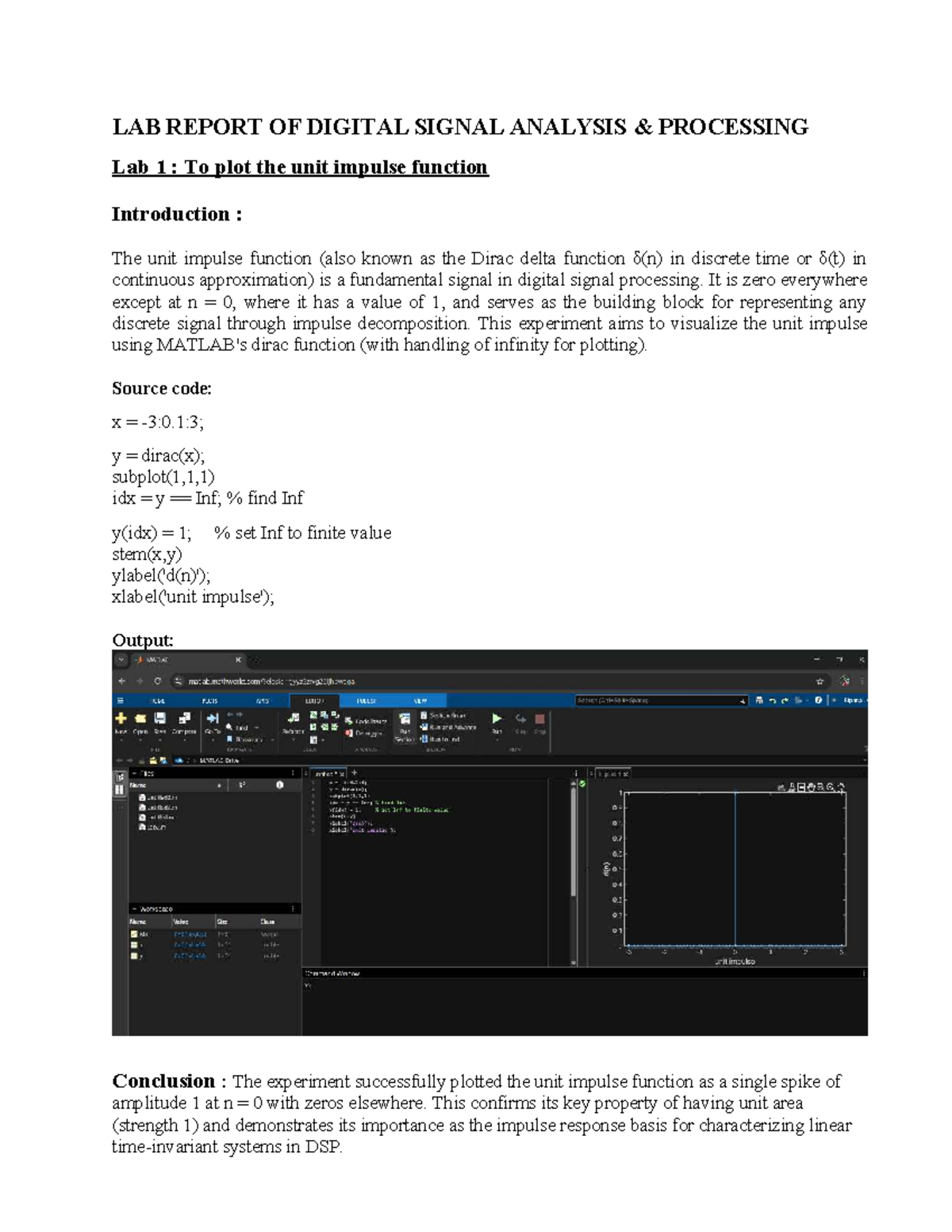 DSAP Lab Report: Unit Impulse, Sinc, Convolution & Sinusoidal Functions ...