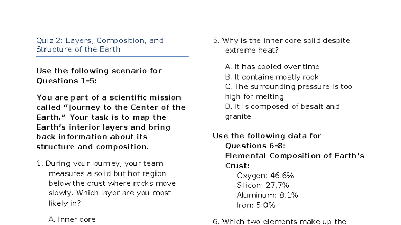 Quiz 2: Earth's Layers, Composition, and Structure Analysis - Studocu