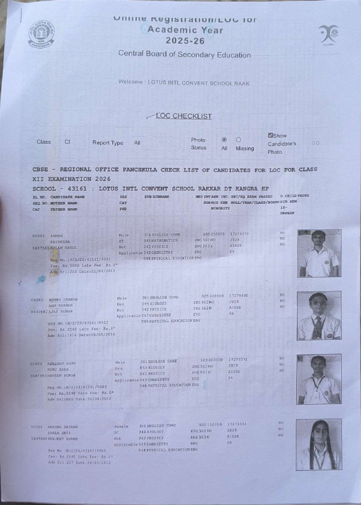 CBSE XII Examination 2026 LOC Checklist for Lotus Intl Convent School ...