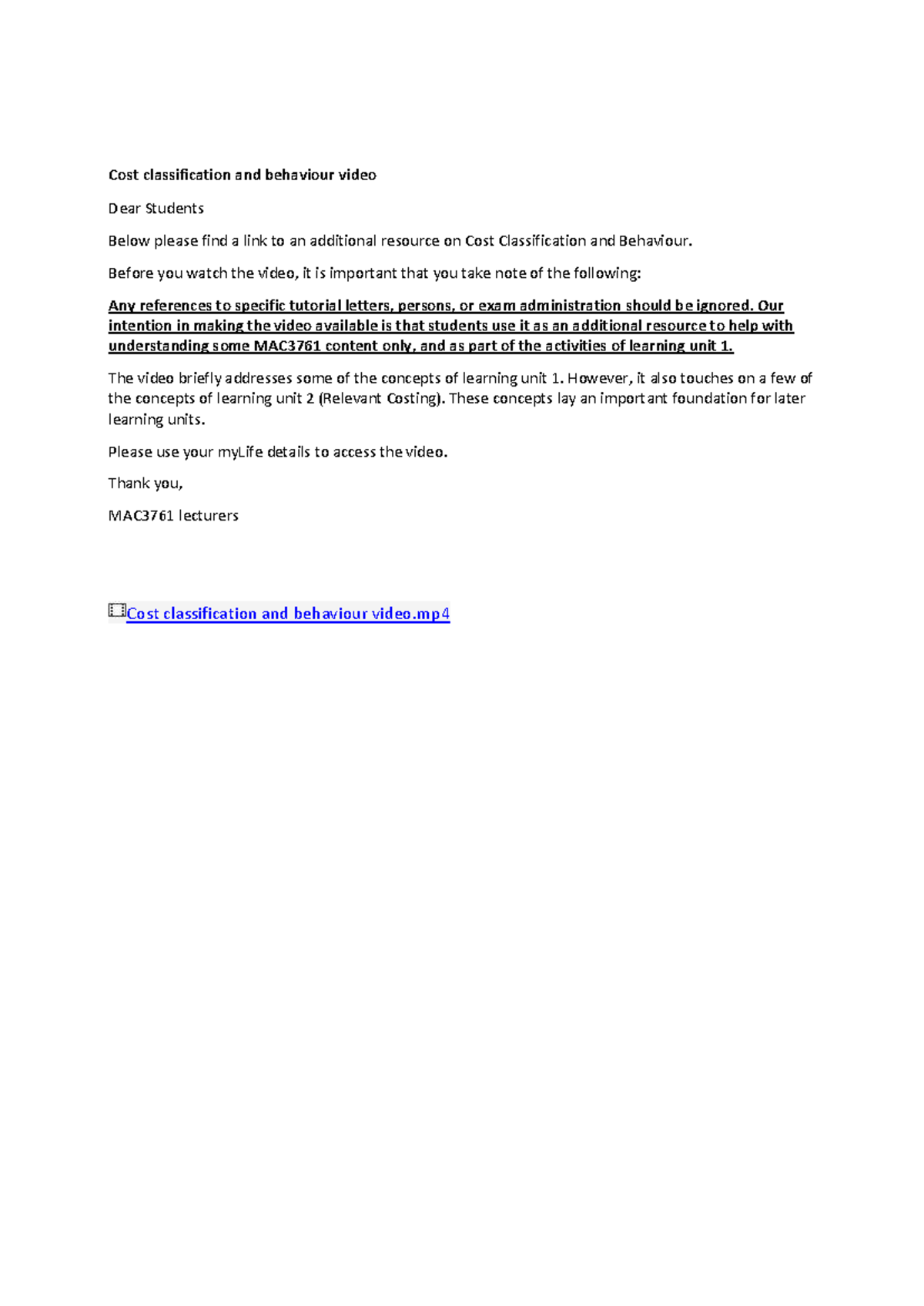 MAC3761 - Chapter 1: Cost Classification & Behaviour Video Resource ...