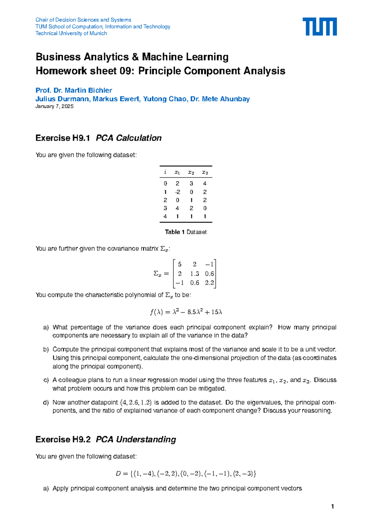 Homework 9 - Blatt09 WS24/25: PCA Analysis & Exercises - Studocu
