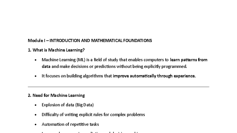Module I: Introduction to Machine Learning & Mathematical Foundations ...